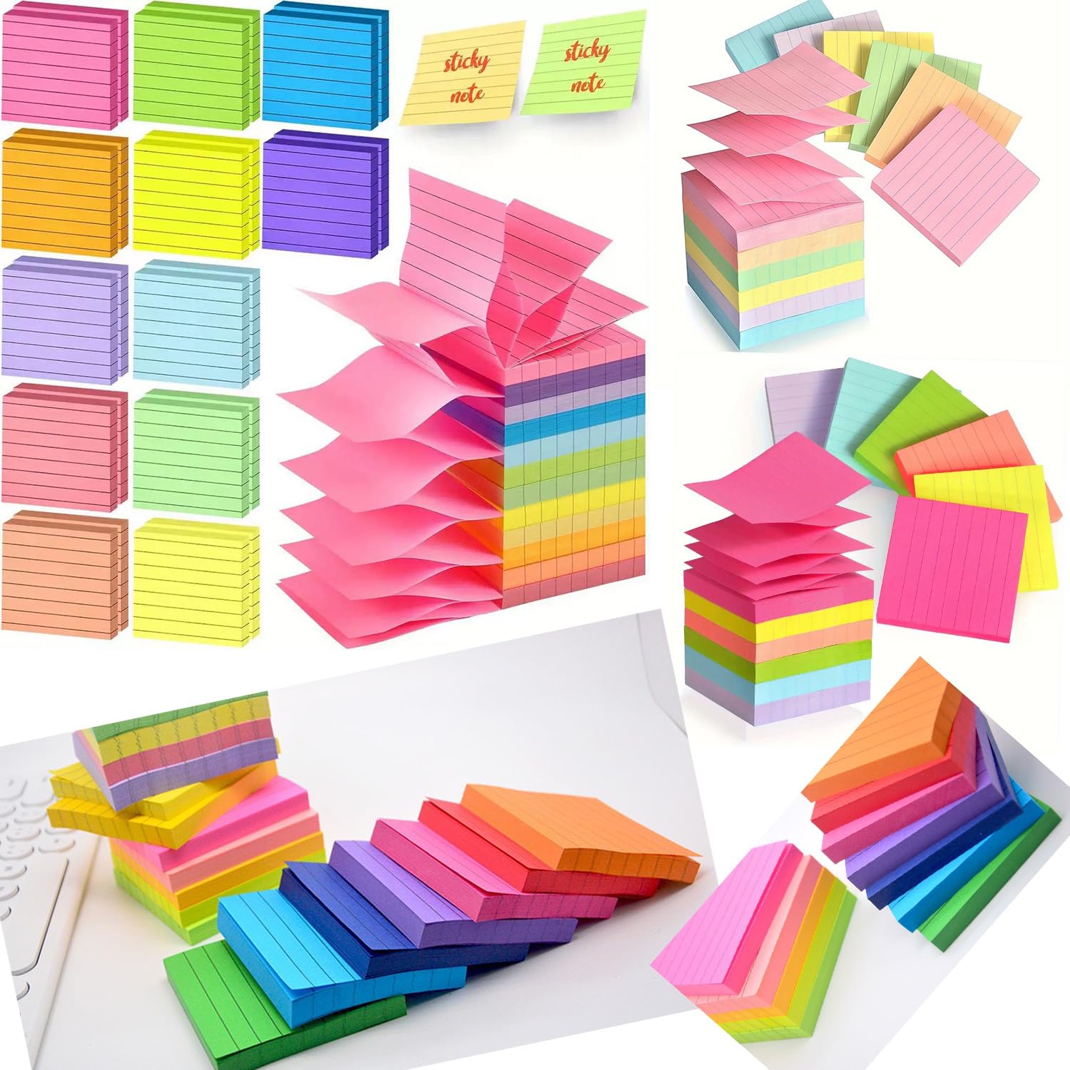 5400 Blätter Haftnotizen,Liniierte Haftnotizblöcke,Selbstklebende Klebezettel 76 x 76 mm,72 pads Helle Haftnotizzettel Bunte Quadratische Sticky Notes für Büro Zuhause Schule,12 Farben,75 Blätter/Pad