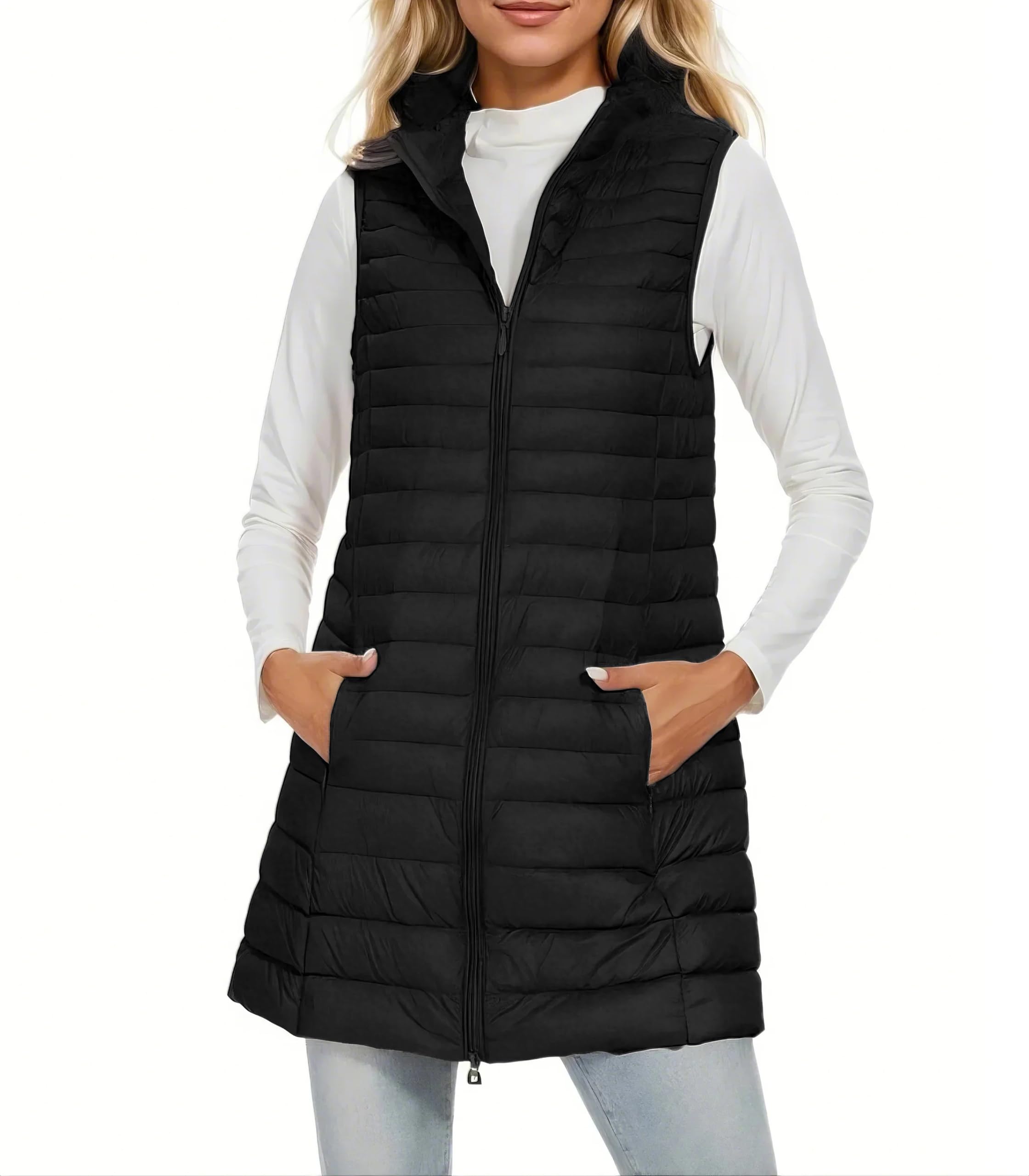 Women's Mid Long Down Vest Lightweight Puffer Vest Coat Jacket Stylish Windbreaker