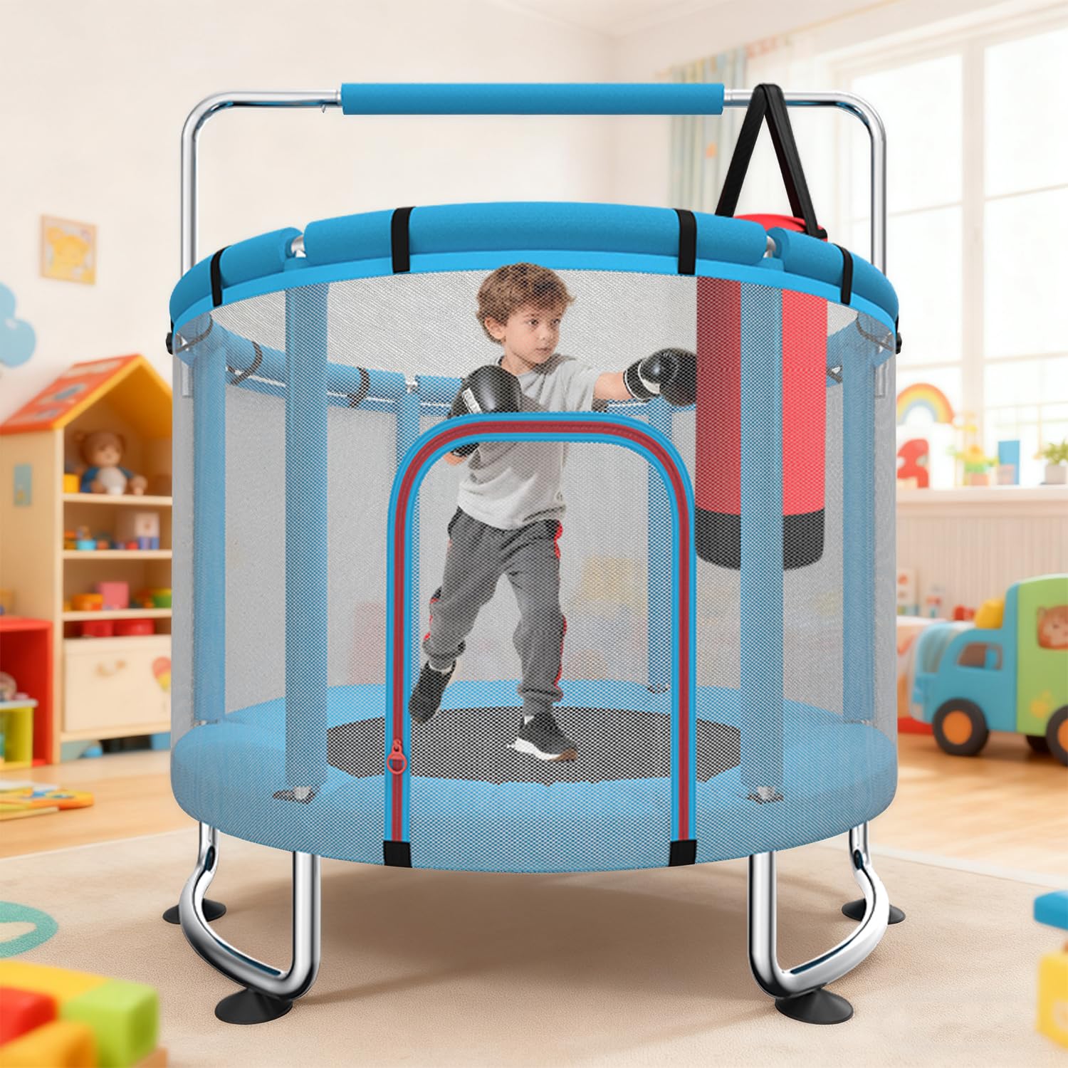 Kindertrampolin 140 cm für drinnen und draußen – 50 kg Belastbarkeit mit Sicherheitsnetz, Verstellbarer Turnstange und Basketballkorb, Geschenk für Jungen und Mädchen