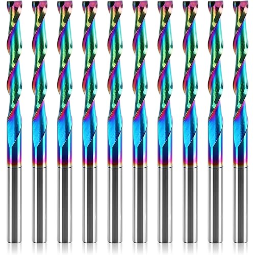 10 Pcs 1/8 inch Shank CNC Up-Cut Router Bits, 2 Flutes Spiral Solid Carbide End Mill with DLC Coating, CNC Milling Cutters for Precision Wood Carving Applications