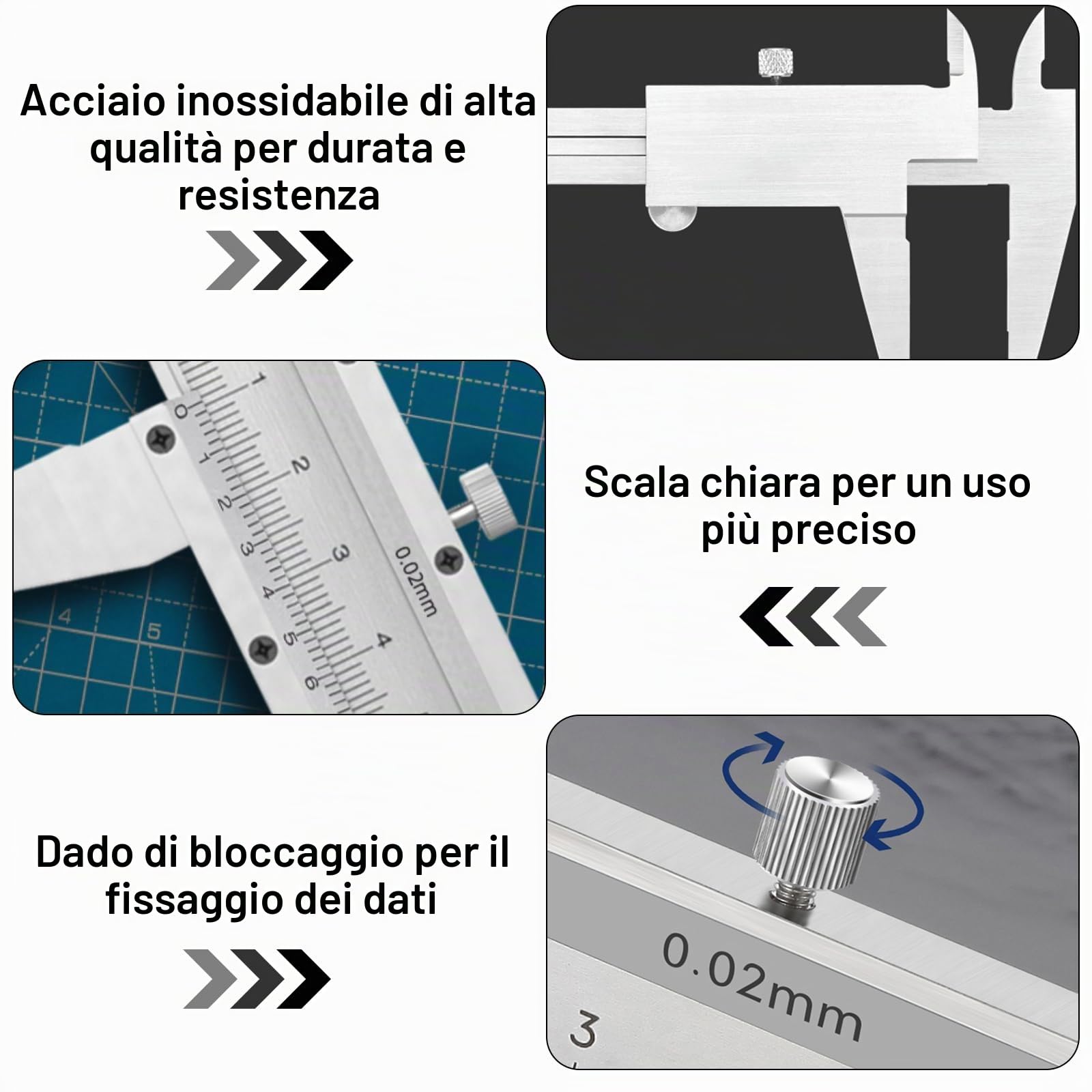 Calibro a Corsoio, 150mm Calibro in Acciaio Inox, Calibro Di Precisione Strumenti Di Misurazione Calibro Analogico per Misurzione Esterna Interna Profondità Argento