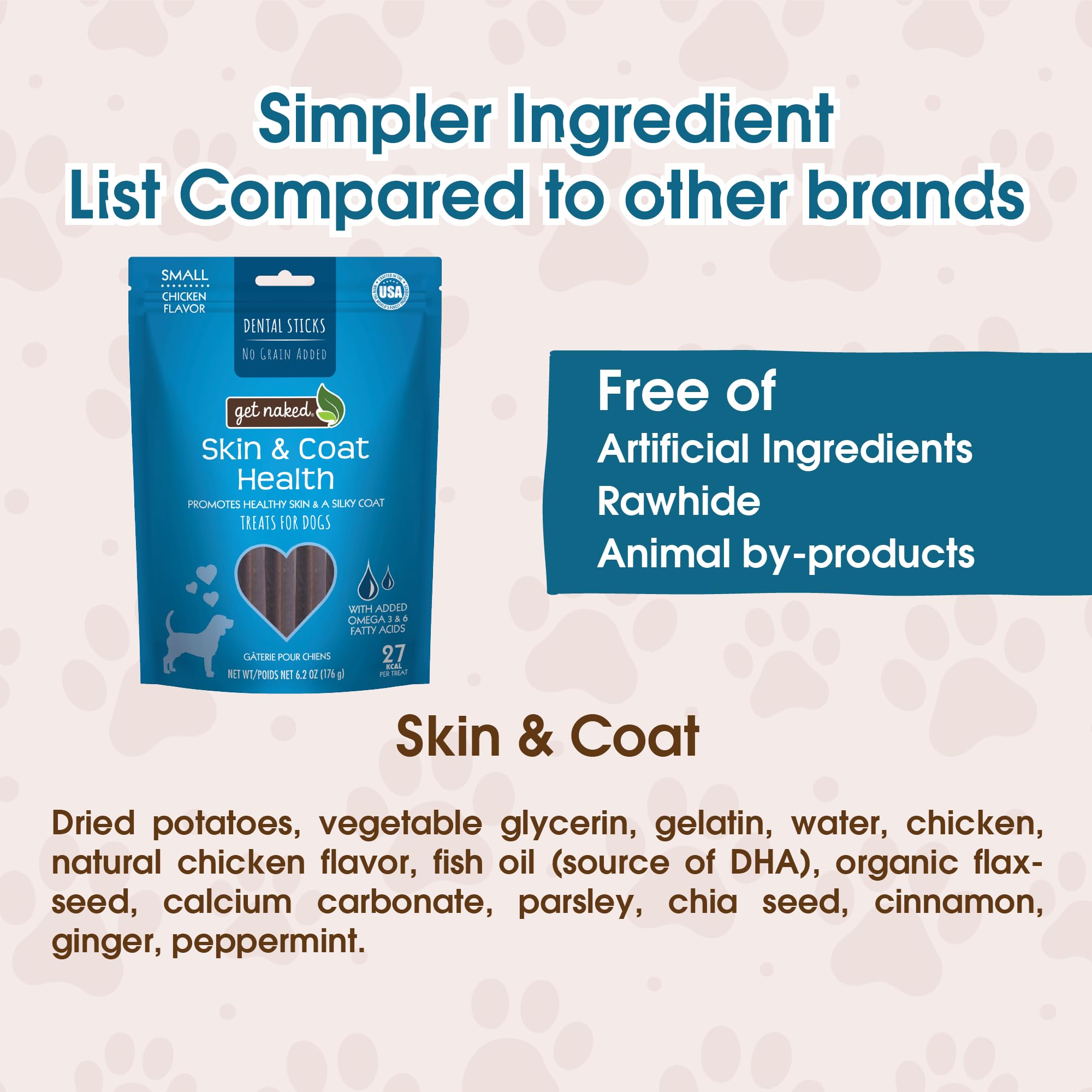 N-Bone Get Naked Grain Free Skin & Coat Health Dental Chew Stick Dog Treats Small 6.2 oz