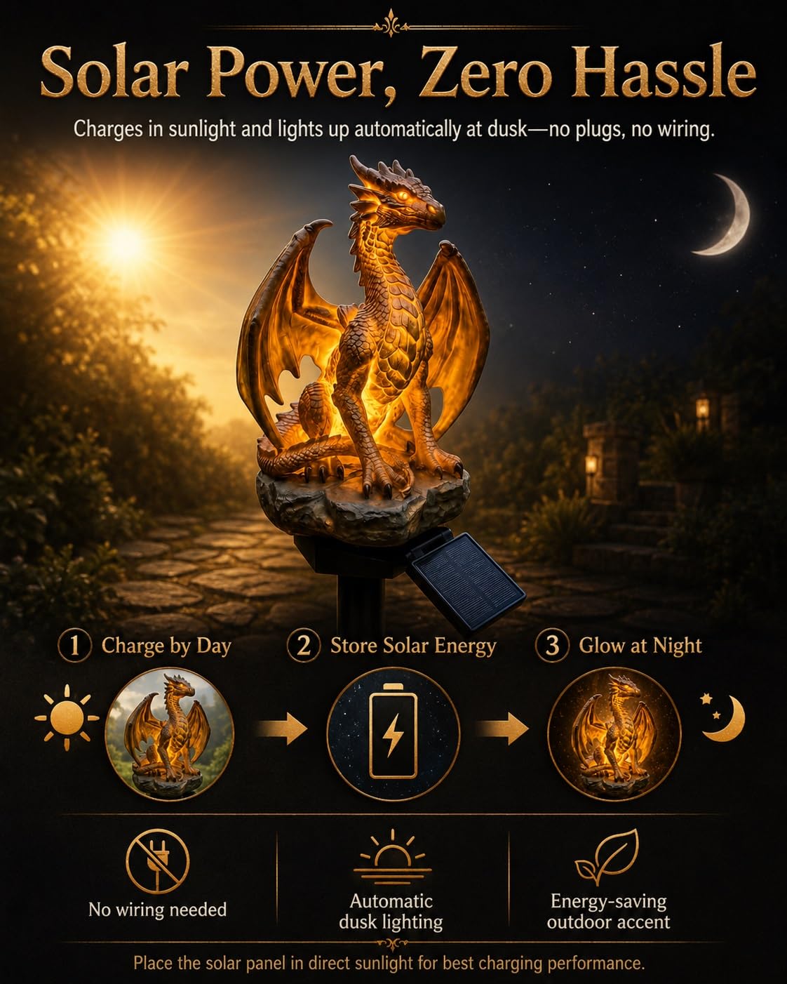 Luci Da Giardino Con Drago Ad Energia Solare, Lampada Per Statuette Da Esterno Con Braci Dorate, Decorazioni Per Statue Da Giardino Di Fantasia Gotica Medievale, Ornamento In Resina