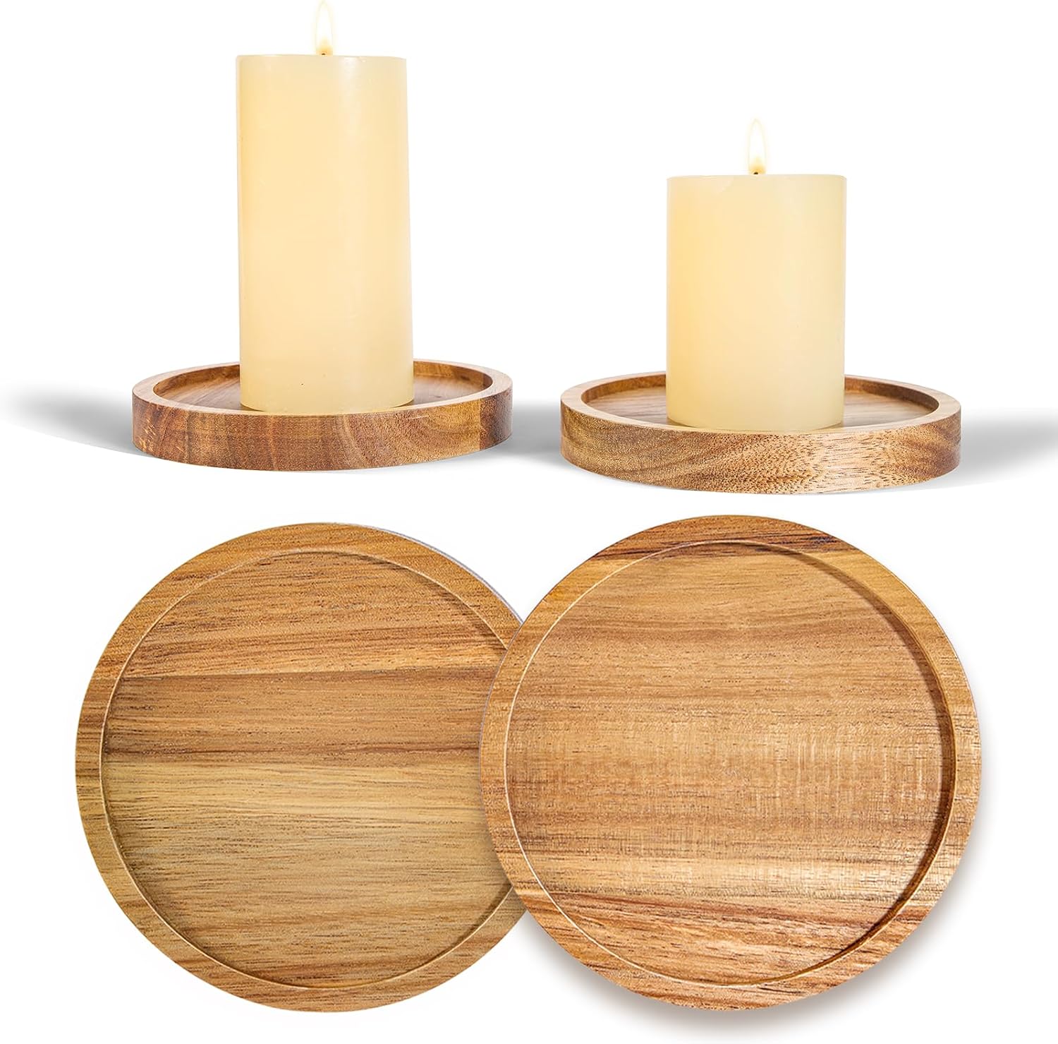 Solid Acacia Wood Candle Holder 2-Pack, Rustic Round Wooden Candlestand for Pillar Candles Up to 3.93 in, Natural Wood Platter for Table Centerpiece, Farmhouse Home Decor