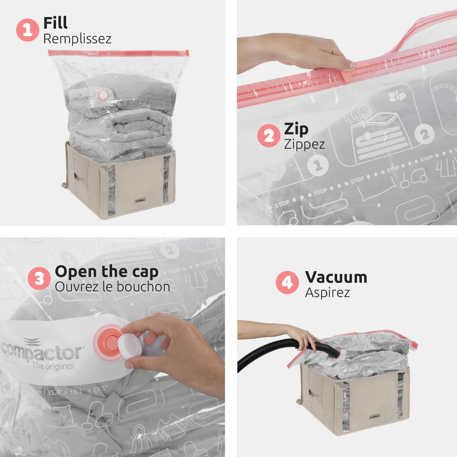 COMPACTOR- Lot de 3 housses de rangement sous vide Taille M - 42 x 40 x H27 cm - Coloris beige - Compression avec aspirateur - Valve brevetée - Grande capacité - Linge protégé