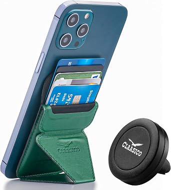 Claasico Cell Phone Wallet with Magnetic Phone Stand - Phone Cardholder Securely Holds Phone for Landscape or Portrait Mode/with Car Air Vent Attachment and Extra Magnetic Strips Green