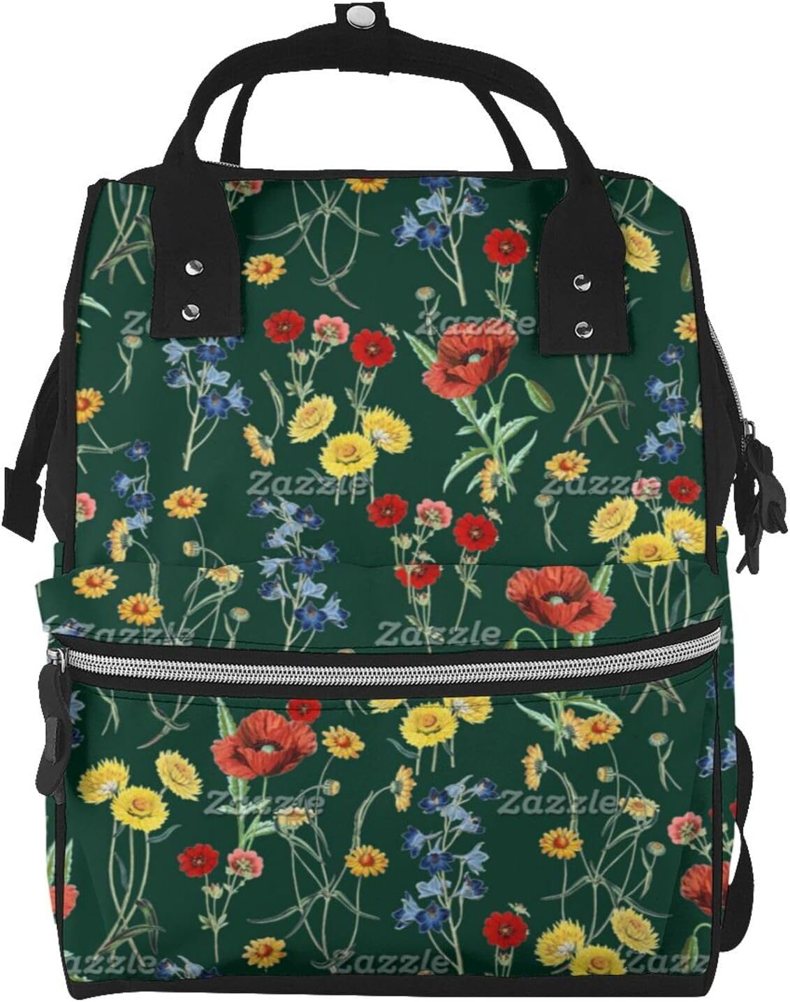 Poppies, Daisies, Bluebells Carbon Black Diaper Bag Backpack for Women, Large Capacity Waterproof Travel Bag with Stroller Straps