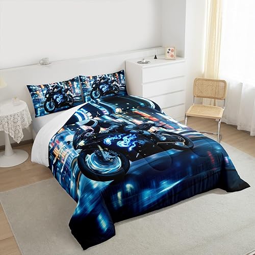 Miniatura 6 de Juego de edredón de motos para niños, tamaño Queen, juego de ropa de cama de carreras de deportes extremos para niños, niñas, hombres, adultos,