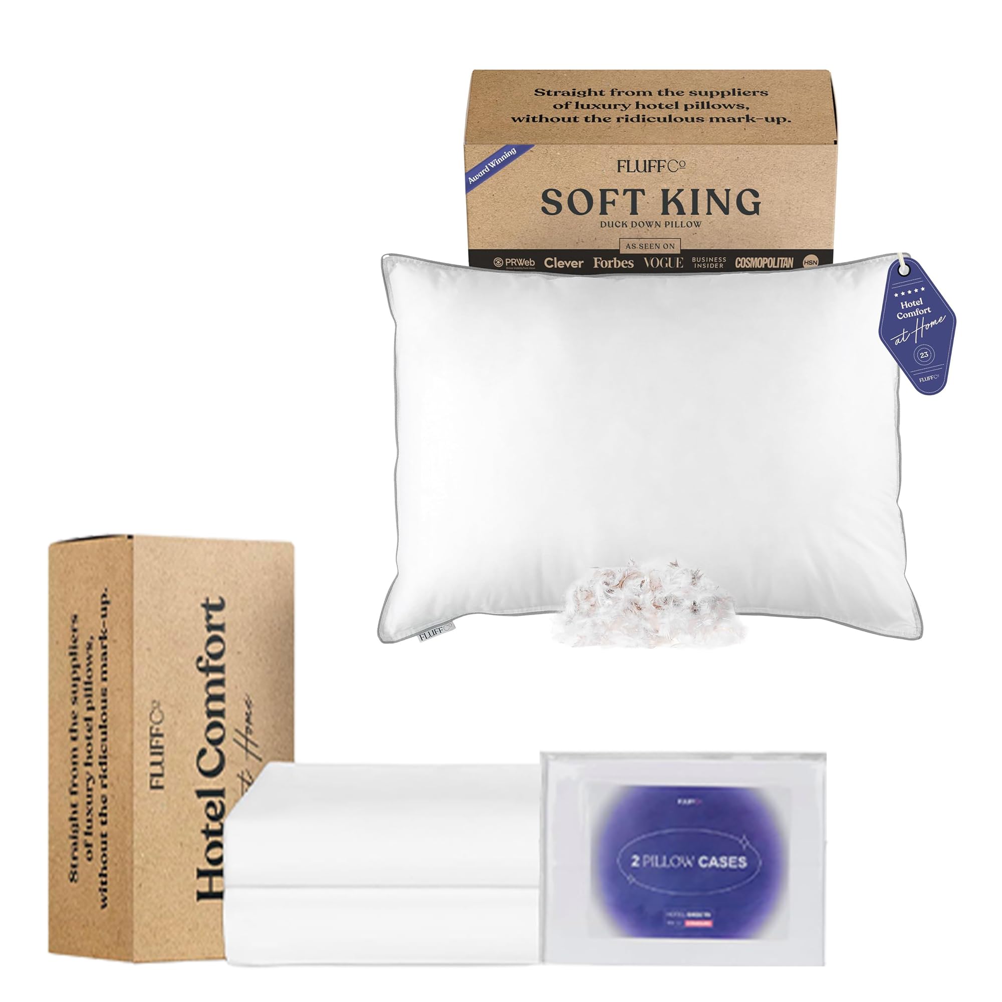 FluffCoKing Size Down Pillow & Cooling Pillowcases | Luxury Hotel Quality Bedding Set | Soft Pillow for Stomach Sleeper | 600 Fill Power Down Feather Pillow(1) & 100% Cotton Pillow Cases(2)