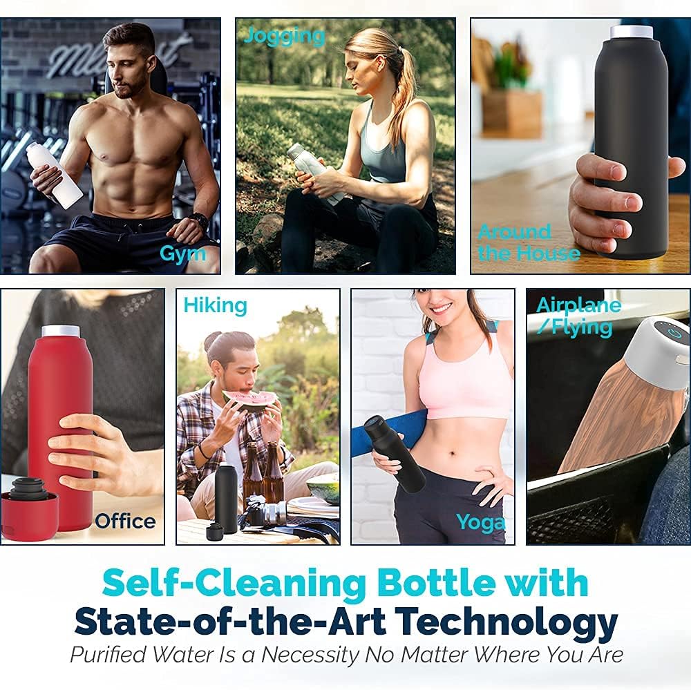 Explorer Self-Cleaning UV Water Bottle - 20.3 Oz Insulated Stainless Steel Rechargeable Reusable Bottle Automatic Purification Every 6 Hours BPA Free Leak-proof Safety Lock and Touch Sensor
