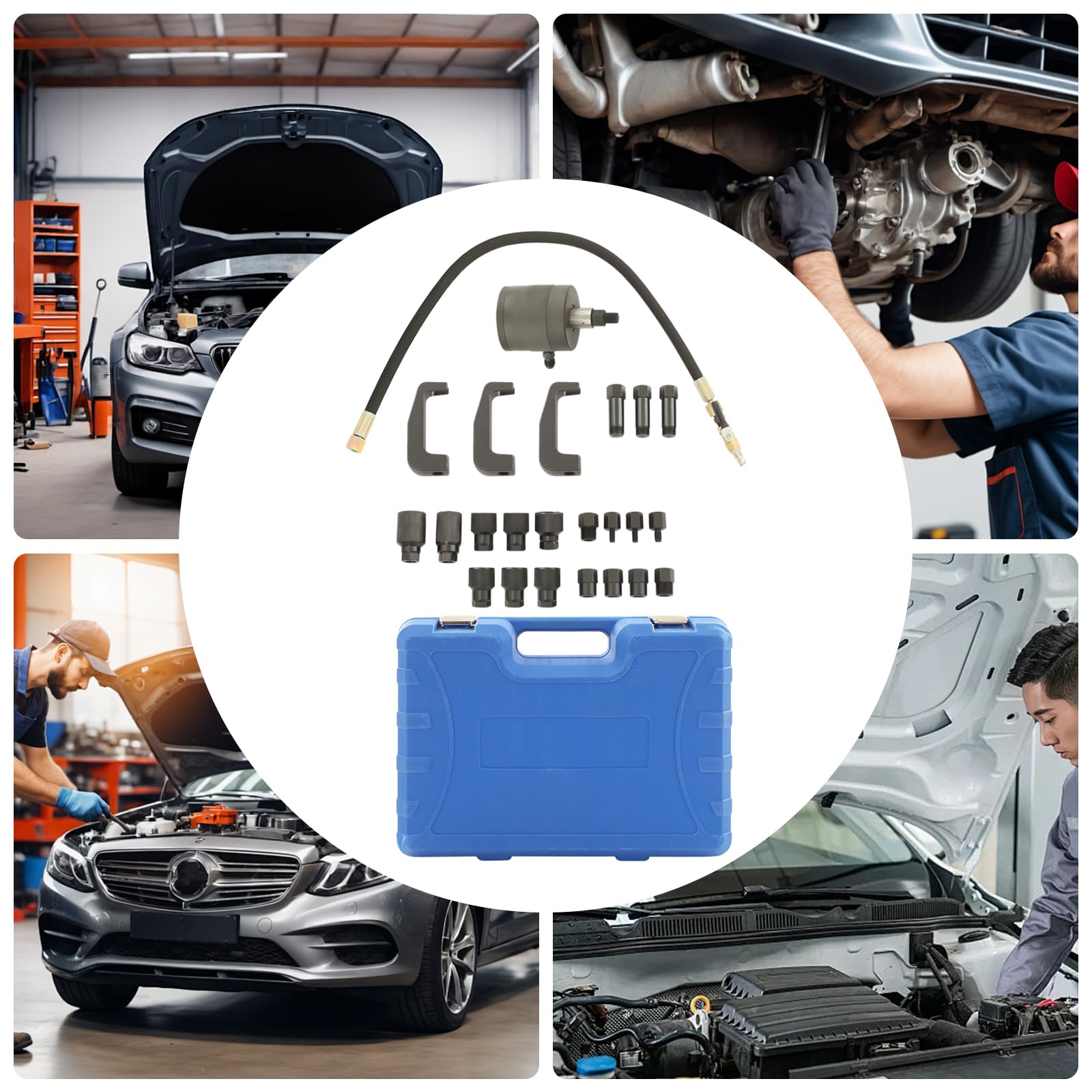 Estrattore iniettore, iniettore pneumatico diesel, set completo con 19 adattatori, 3 ganci estraibili e martello pneumatico, per Bosch/Delphi/Denso/Siemens (blu/nero)