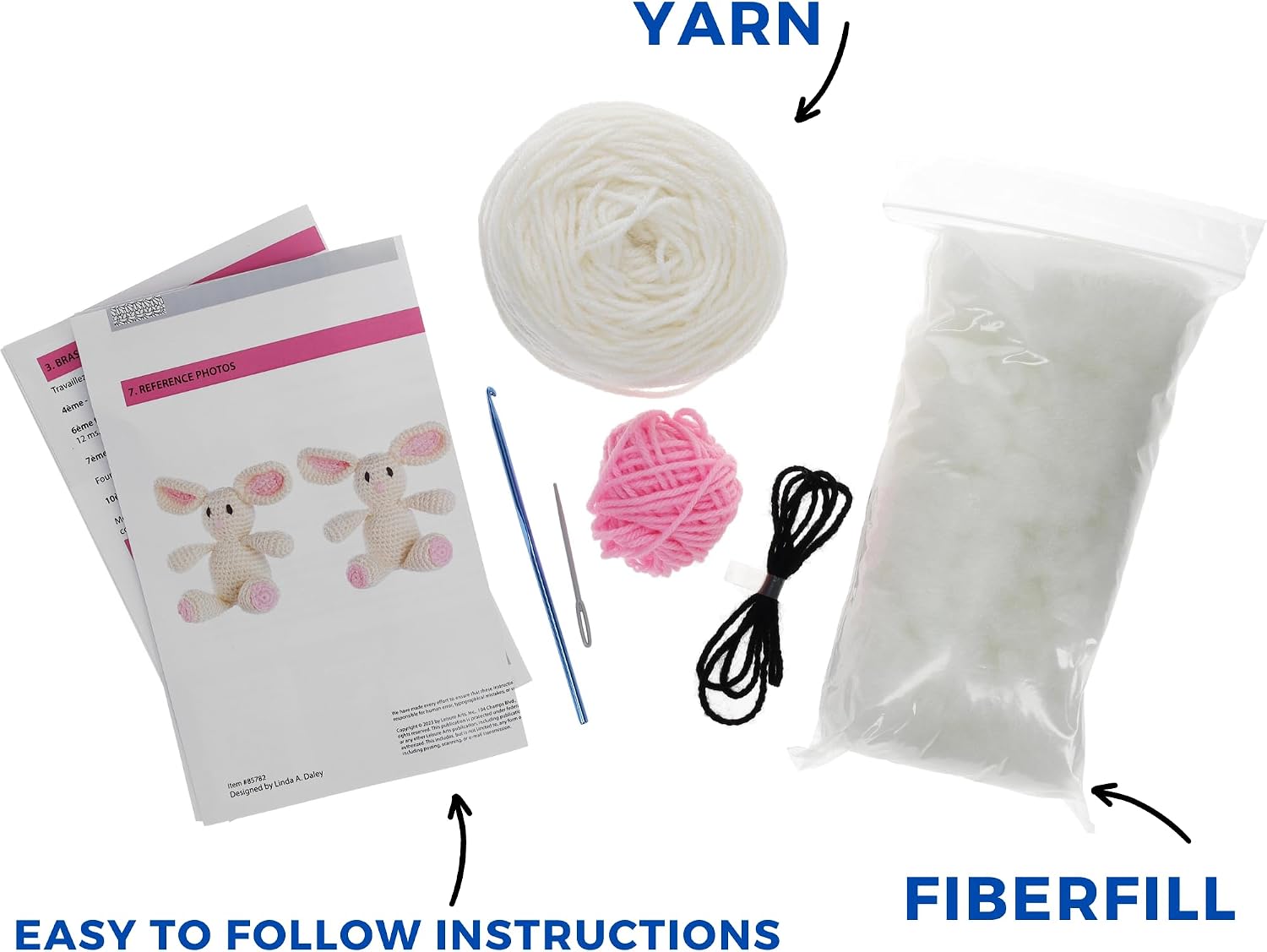 LEISURE ARTS - Crochet Kits, Friends Billie Bunny, 3", Crochet Kit for Beginners, Complete Kit, Animal Kits, Animal Kit, DIY Amigurumi Kits