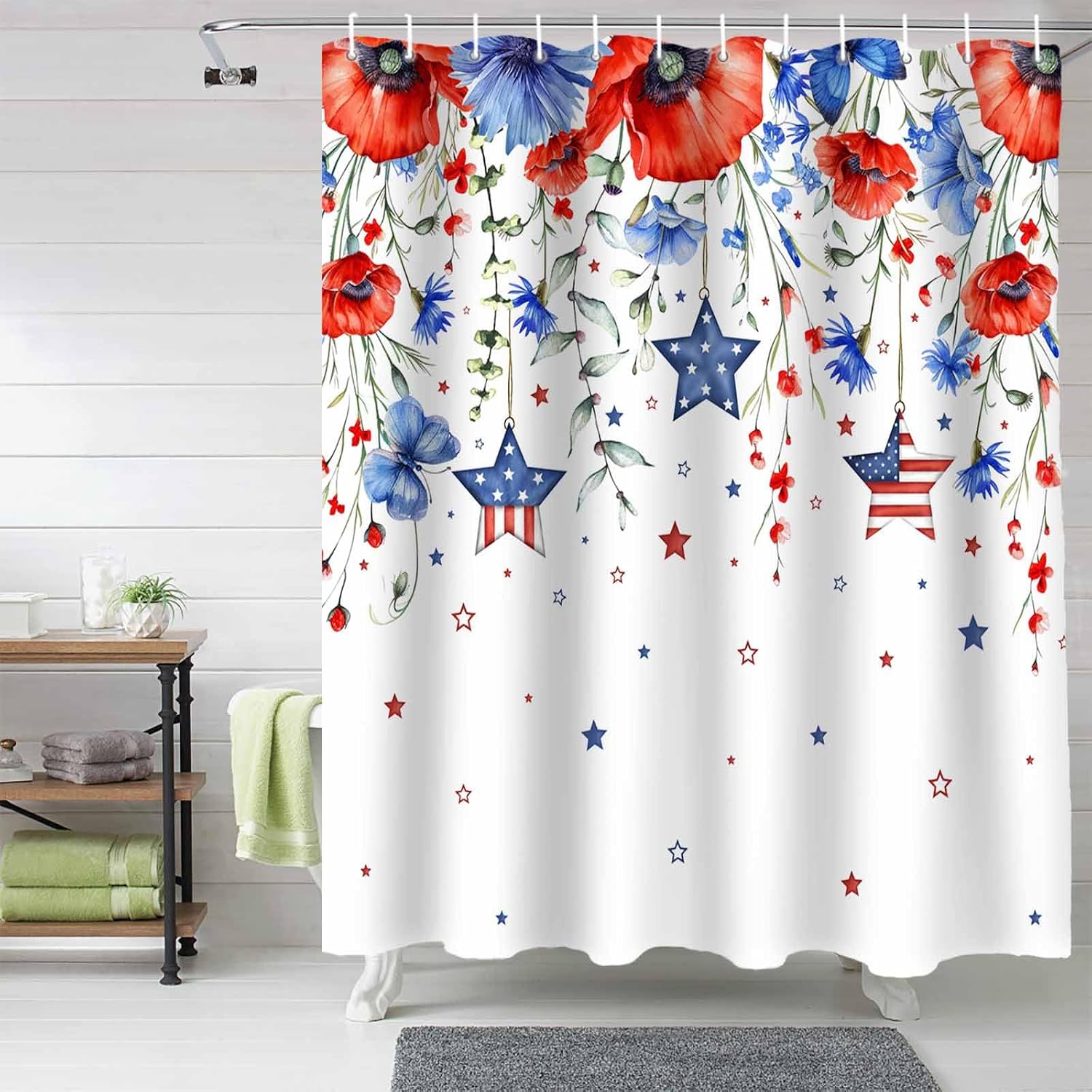 4th of July Floral Shower Curtain for Bathroom, Patriotic Poppy Flower Star Funny Shower Curtains Set with Hooks, Independence Day Memorial Day Decorations Bath Curtains Bathroom Decor 72x72 inch
