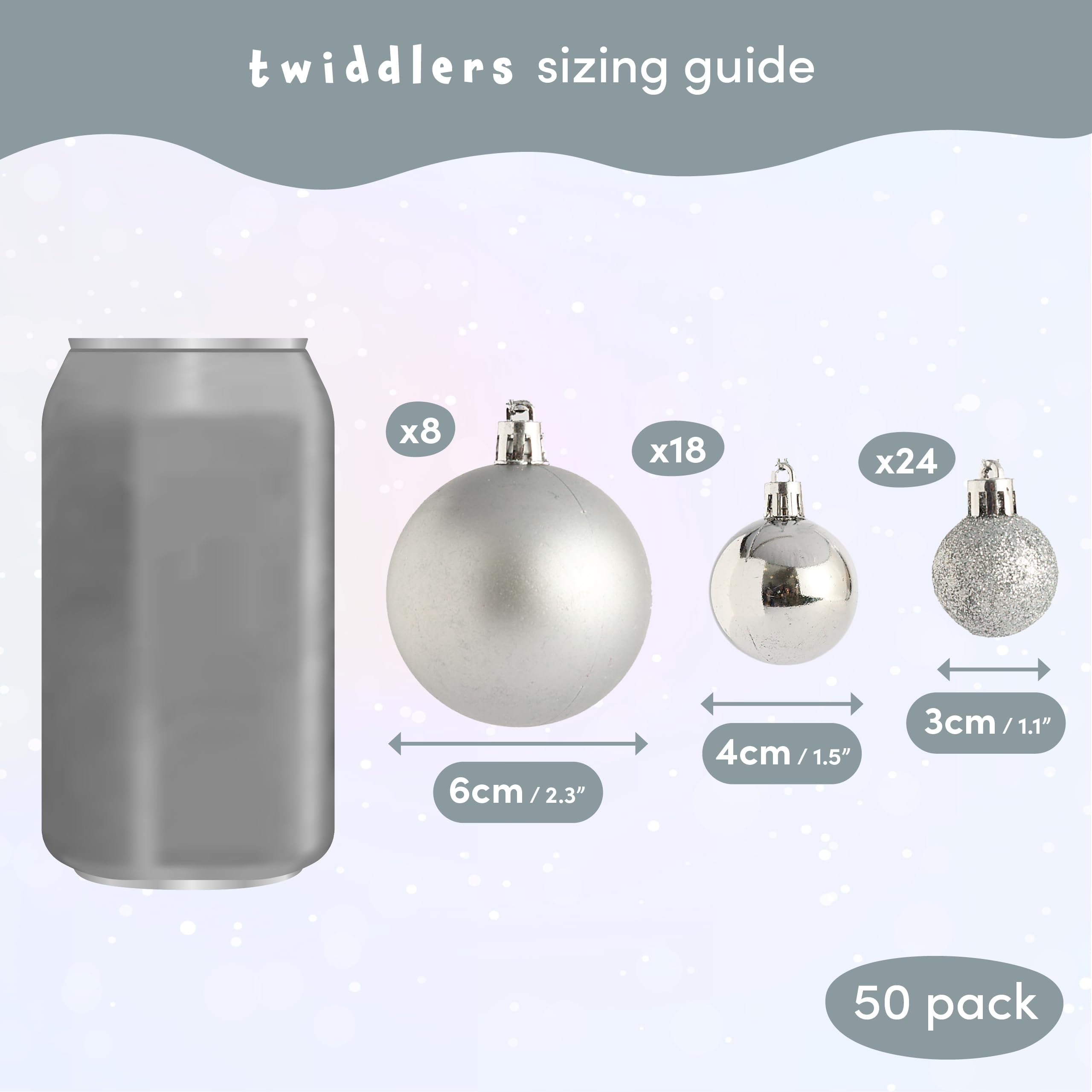 THE TWIDDLERS, 50-Pack Silver Christmas Baubles, Assorted Sizes and Finishes, 6cm, 4cm, 3cm, Matte, Shiny - Image 4