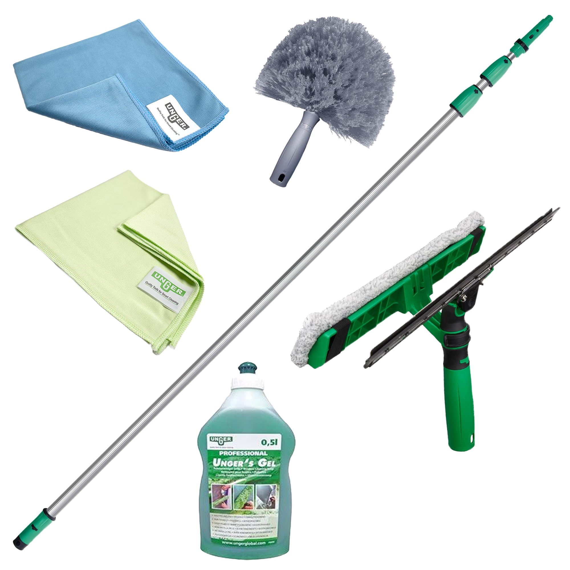 Unger Green 6 Piece Conservatory Window Cleaning Kit - 6M Telescopic Pole, Squeegee/Washer, Cobweb Duster, Microfibre Cloths, Soap - Extendable Long Reach