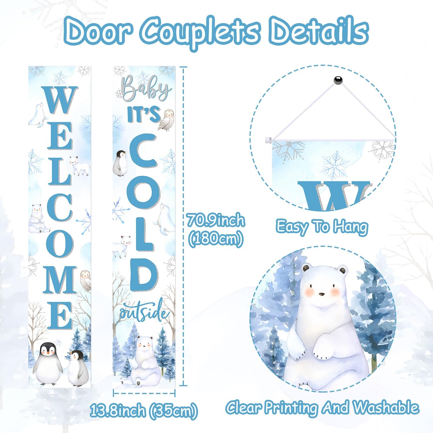 Arctic Polar Animal Baby Shower Porch Sign Welcome Baby It's Cold Outside Decorations Banner Penguins Polar Bears Seals Door Banner for Boy Girl Winter Baby Shower Birthday Party Supplies