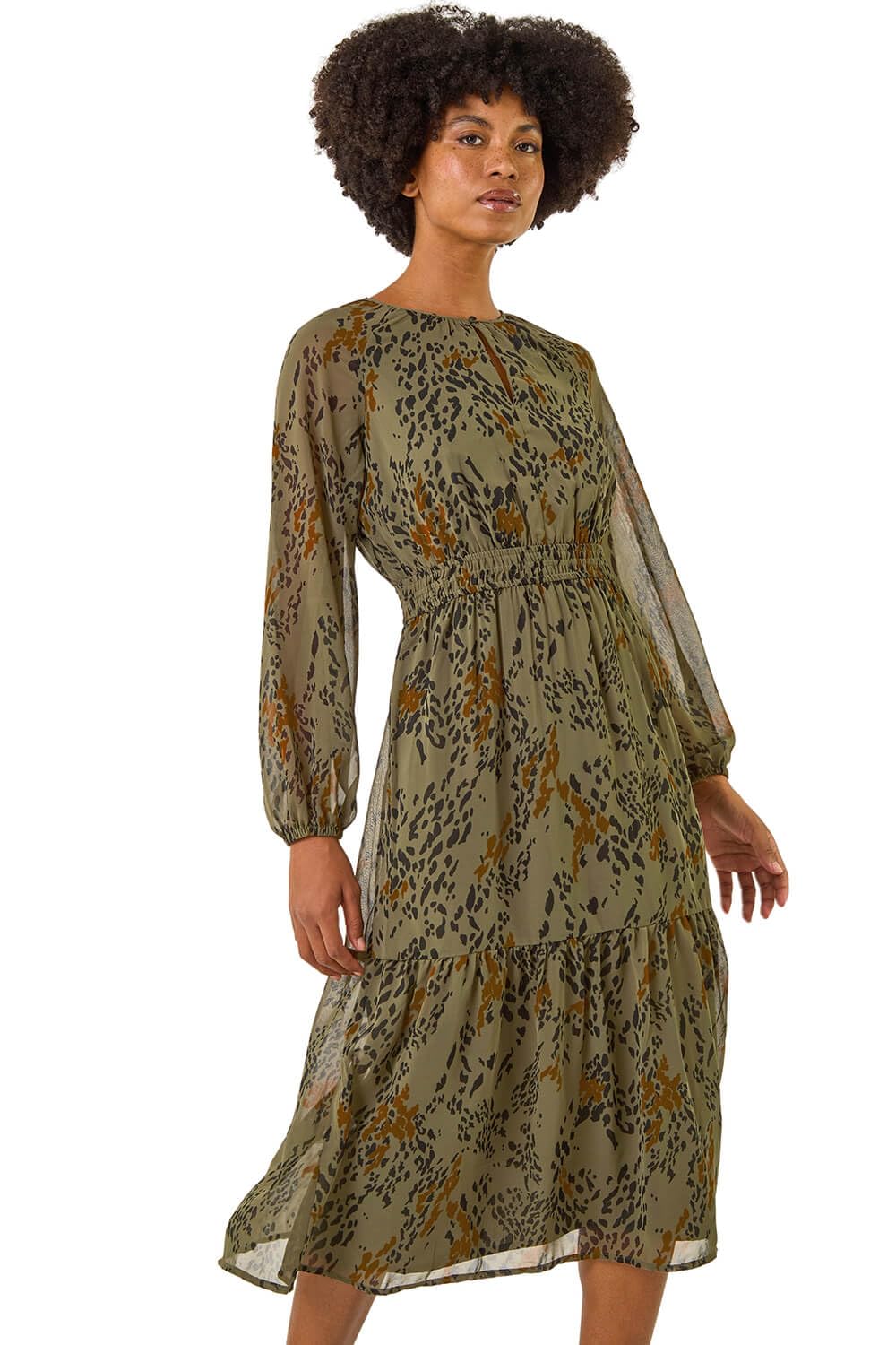 Roman Originals Women's Khaki Speckled Print Keyhole Midi Dress For Uk - Everyday Autumn Winter Round Neckline Comfy Soft Evening Vacation Work Party Night Out - Size 10