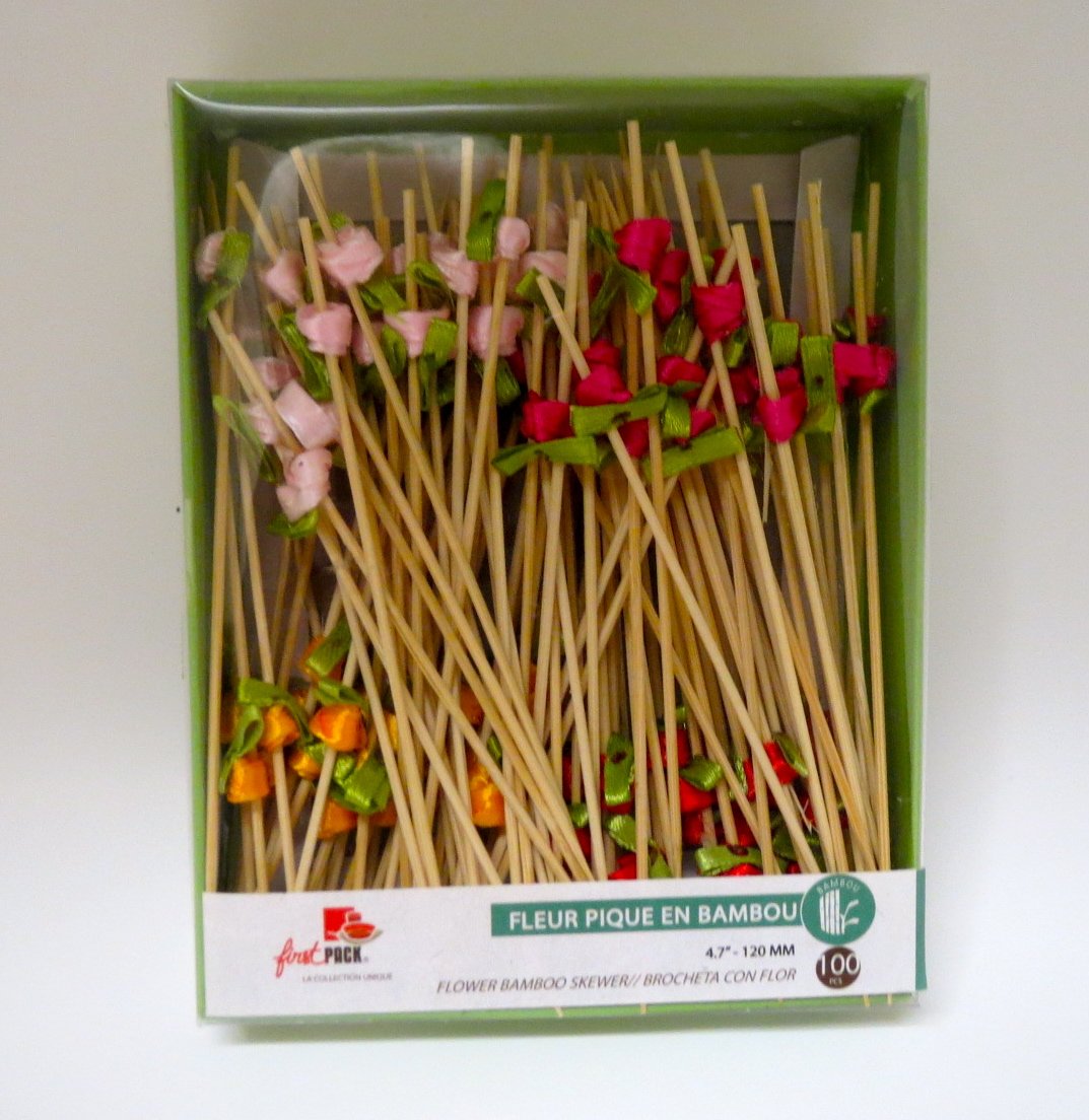 “Flower" Bamboo Skewer with Assorted Colors (Case of 100), PacknWood - Biodegradable Wood Skewer Sticks for Appetizers, Drinks (4.7") PK210BBFLEUR