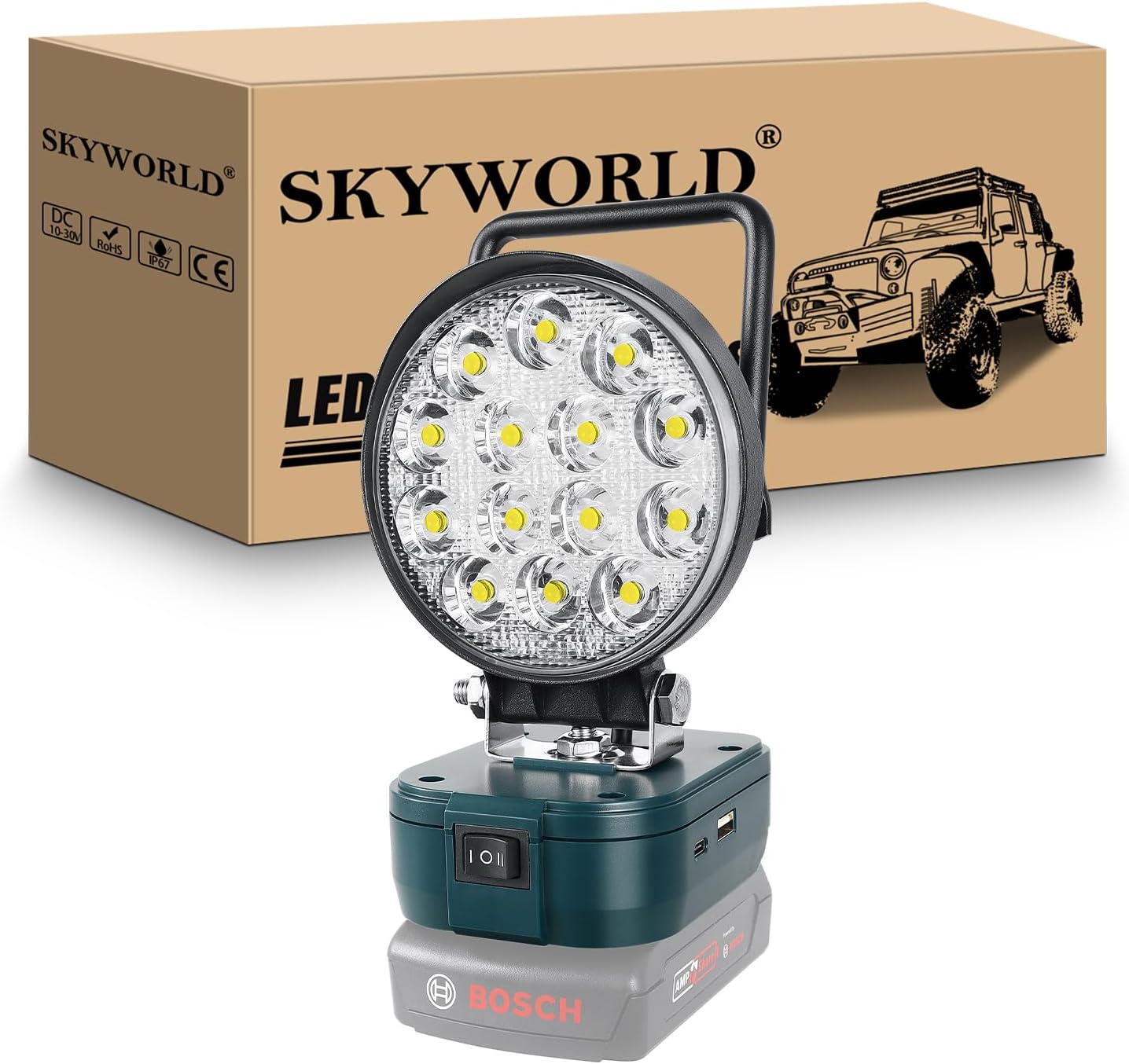 SKYWORLD Cordless LED Work Light for Bosch 18V Battery, 48W 4800LM Portable Floodlights for Outdoor Low Voltage Camping Lighting, Workshop, Garage, Job site, Car Repairing, Emergency (No Battery)