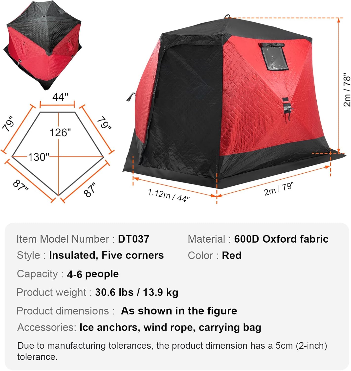 VEVOR Portable Pop-Up Tent, 1-8 Person Insulated Shelter, Large Fishing Area, Hub-Style Shanty for Winter Fishing, Waterproof Oxford Ice Cube with Anchors/Ropes/Carrying Bag