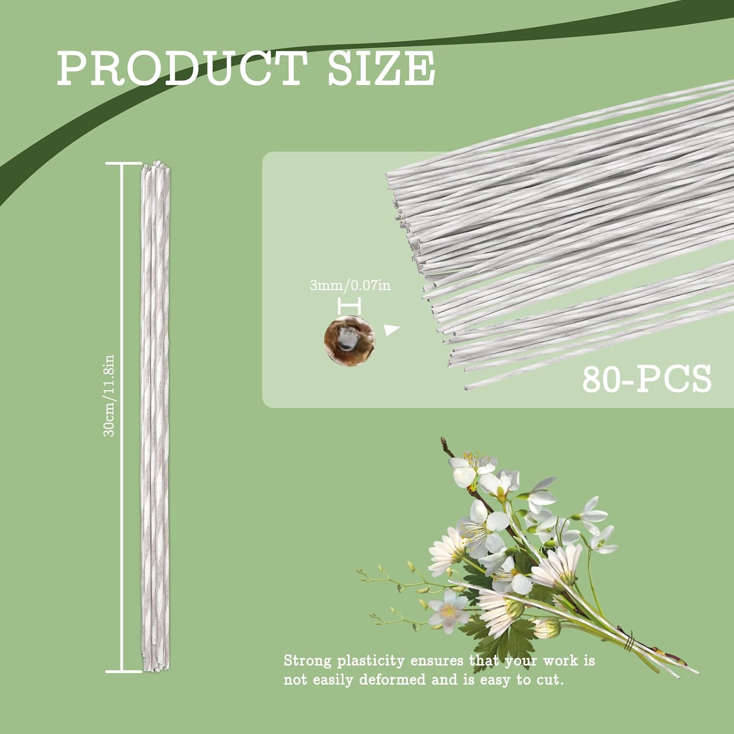 80 Pieces 3 mm 8 Gauge Floral Wire Stems, 11.8" White Artificial Flower Stems Rod, Iron Florist Wire Sticks for Crochet Paper Flowers Arrangement Crafts Wreath Making Supplies (White)