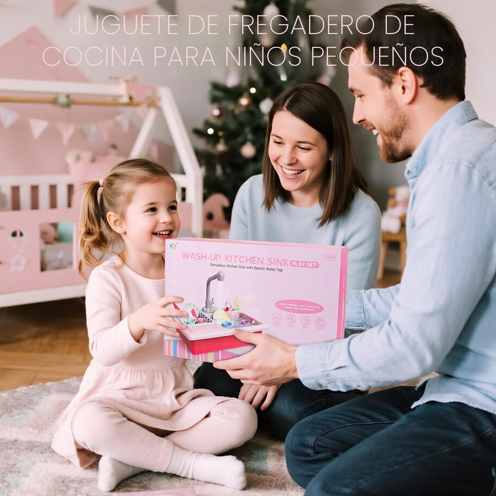 deAO Fregadero Electrónico de Cocina Conjunto de Juguete para Lavar Platos Accesorio de Cocinita Infantil Juegos de Imitación para Niños y Niñas (Rosa)