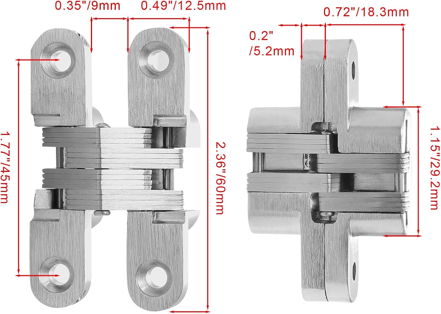 Hidden Gate Hinge 2-3/8" Stainless Steel 180 Degree Invisible Cross Hinges for Kitchen Cabinet Door Frameless Concealed Hinge with Screws, 4pcs