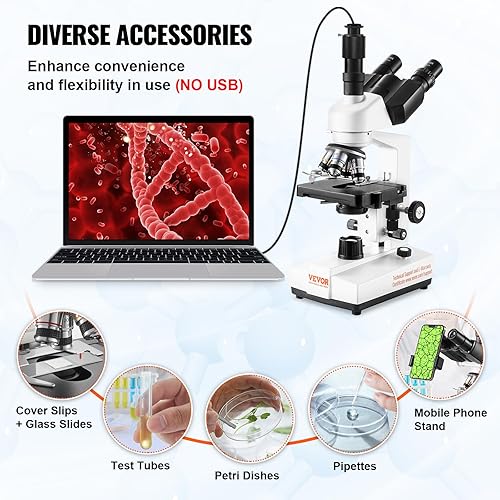 Miniatura 5 de VEVOR Microscopio trinocular compuesto, microscopio de laboratorio compuesto trinocular de aumento 40X-5000X con etapa mecánica de dos capas,