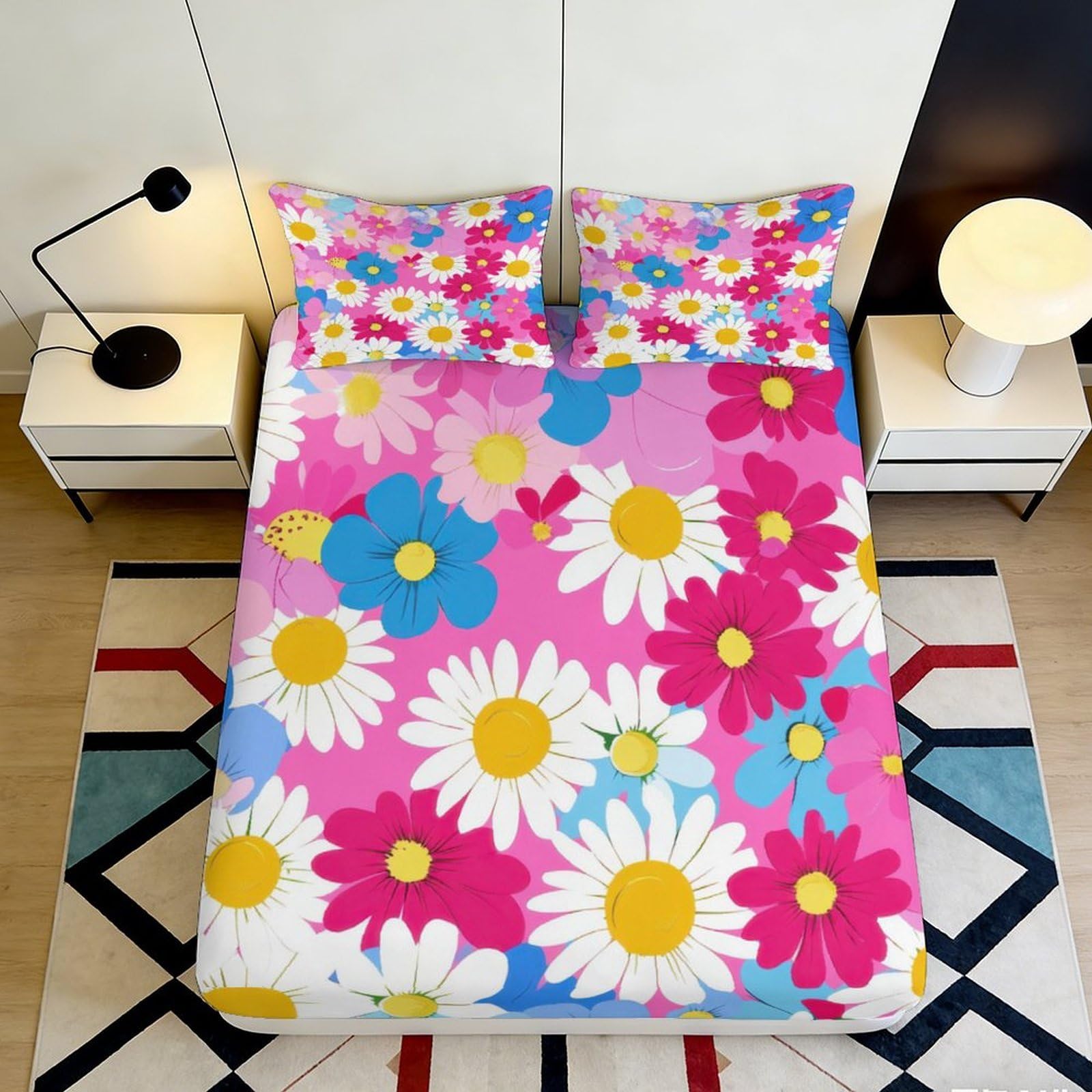 3D Printed Daisy Floral Fitted Sheet Microfiber Vibrant Colorful Flower Bed Cover for Bedroom Dorm Mattress Decor 90x200x25cm