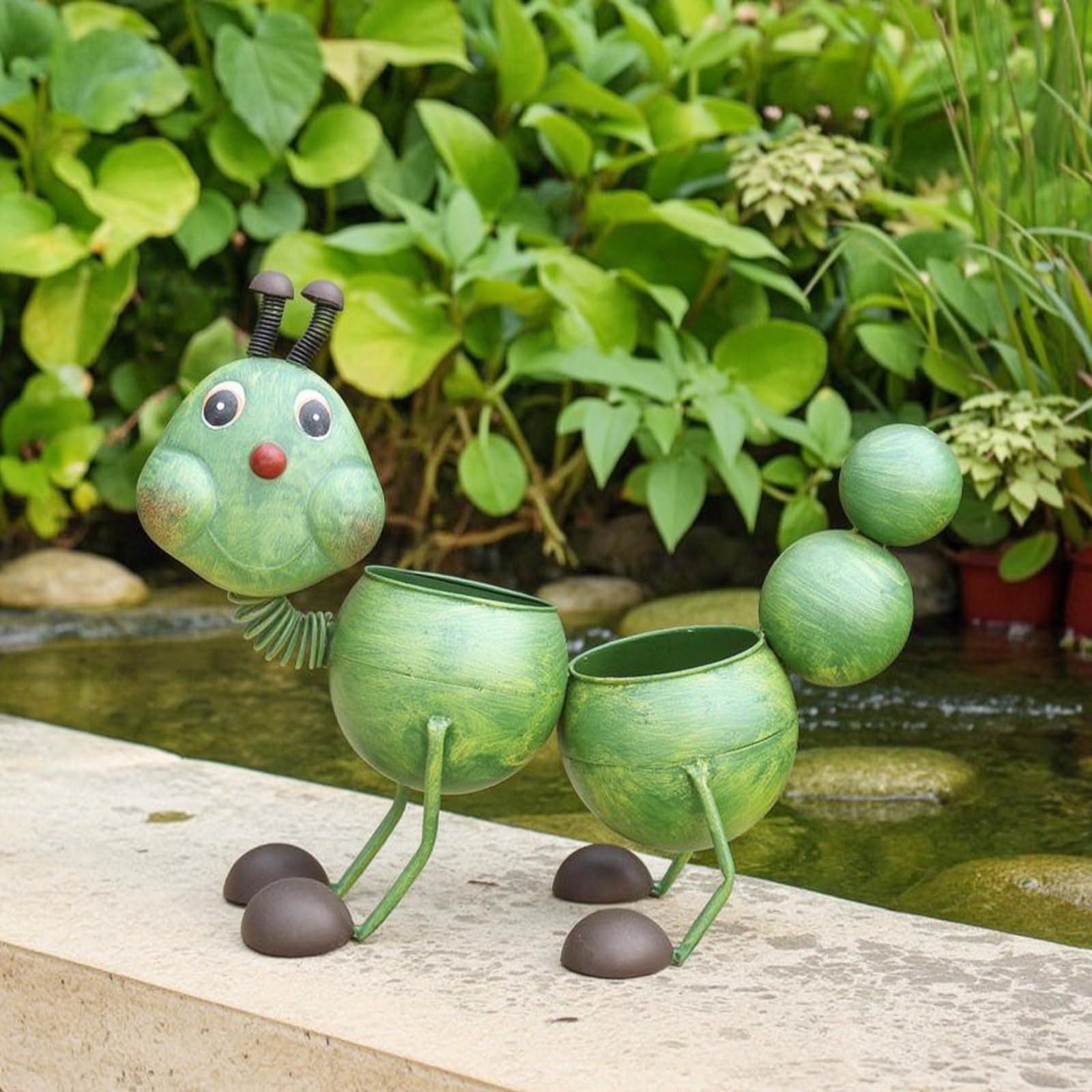 Raupen-Blumentopf aus Metall handgeftigt Garten-Pflanzgefäß als Raupe frostsich Pflanzgefäß aus Steinguss für Gartenliebhab, hobbygärtn, Grün