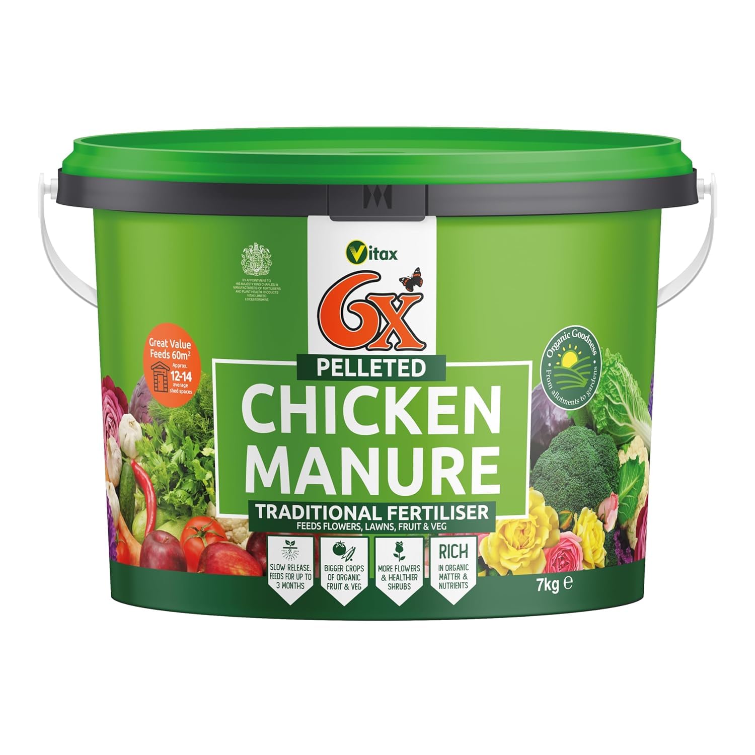 6X Natural Pelleted Chicken Fertiliser, Six Times More Nutrients Than Farm Yard Manure Fully Composted Weed Free 7Kg Tub