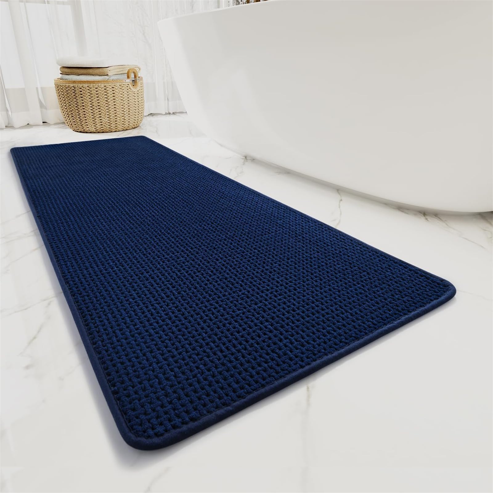 LINGKY Alfombra de Baño Antideslizante y Absorbente, Alfombrilla Baño Secado Rapido, Alfombrilla para Bañera y Ducha Extra Suave y Súper Cómoda de Microfibras de Chenilla (Azul Oscuro,60x160 cm)