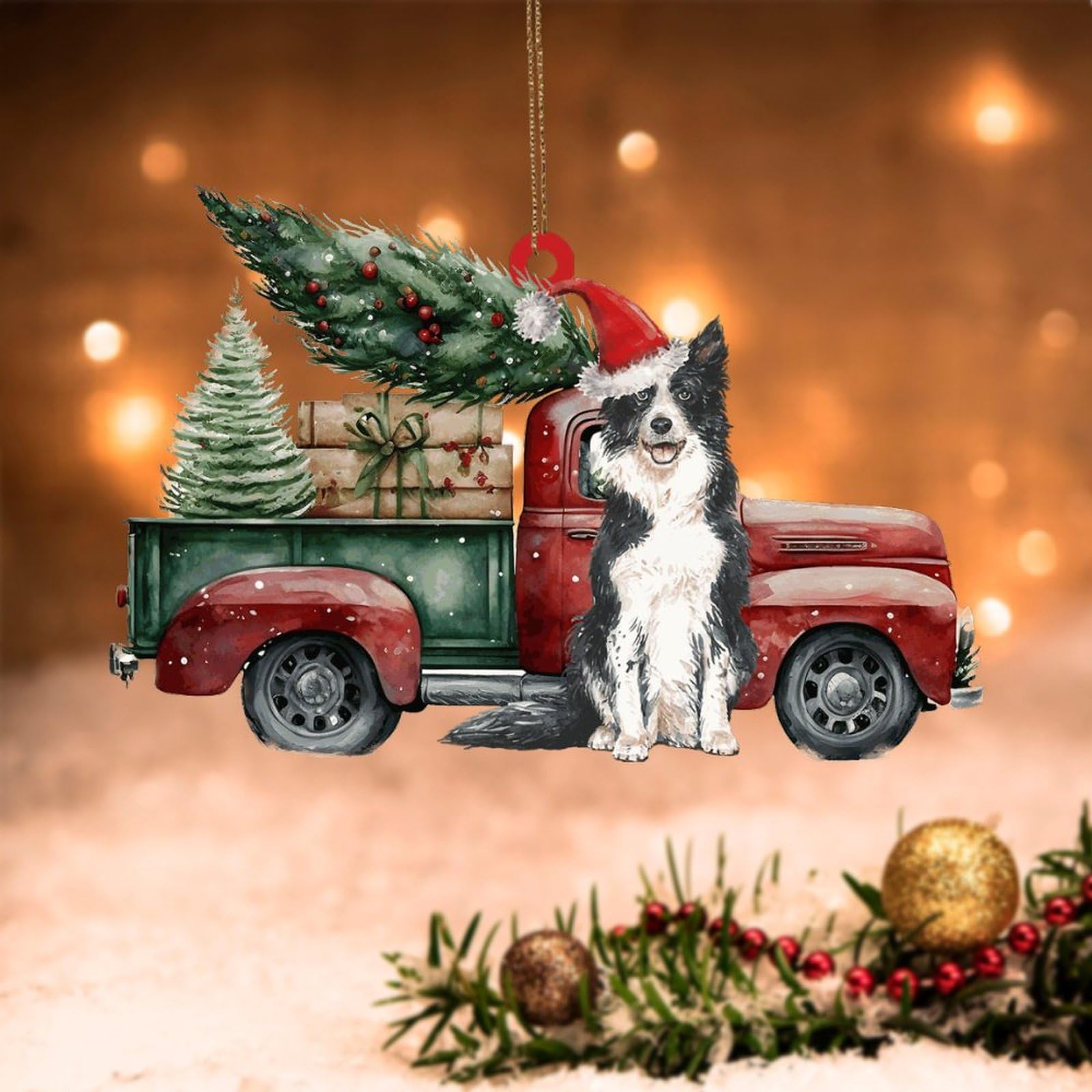 Swavecat Border Collie 2D Ornament Dog Xmas Tree Red Truck Acrylic Ornament Keepsake Christmas Tree Ornaments 5In Double-Sided Print Flat Christmas Tree Decoration Keepsake