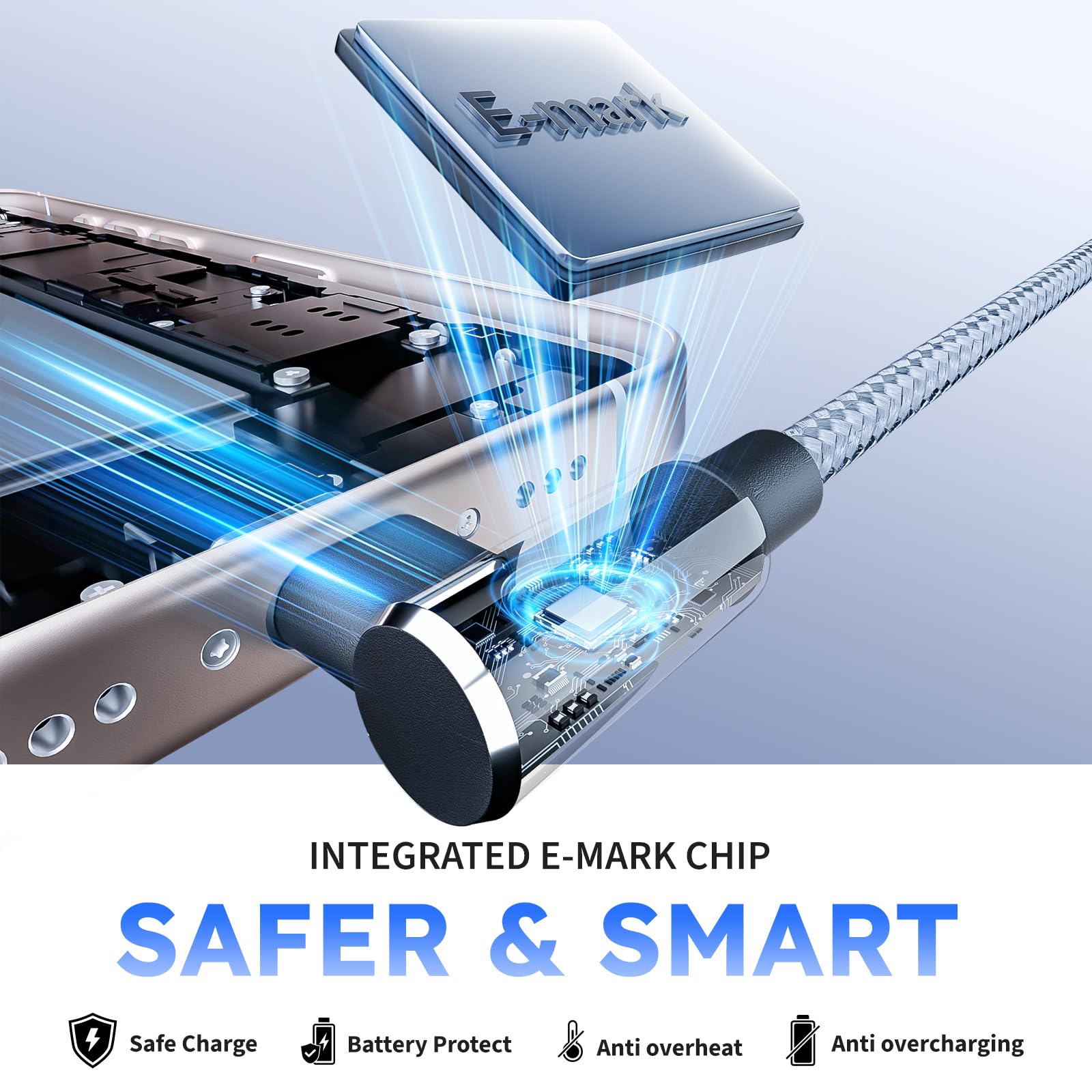 MPATIBY Cable USB A/C a USB C en ángulo recto, cable de carga trenzado tipo C de 90 grados de 5 pies, cable de carga USB C 3 en 2, cable de carga universal para teléfono con 3 puertos tipo C para