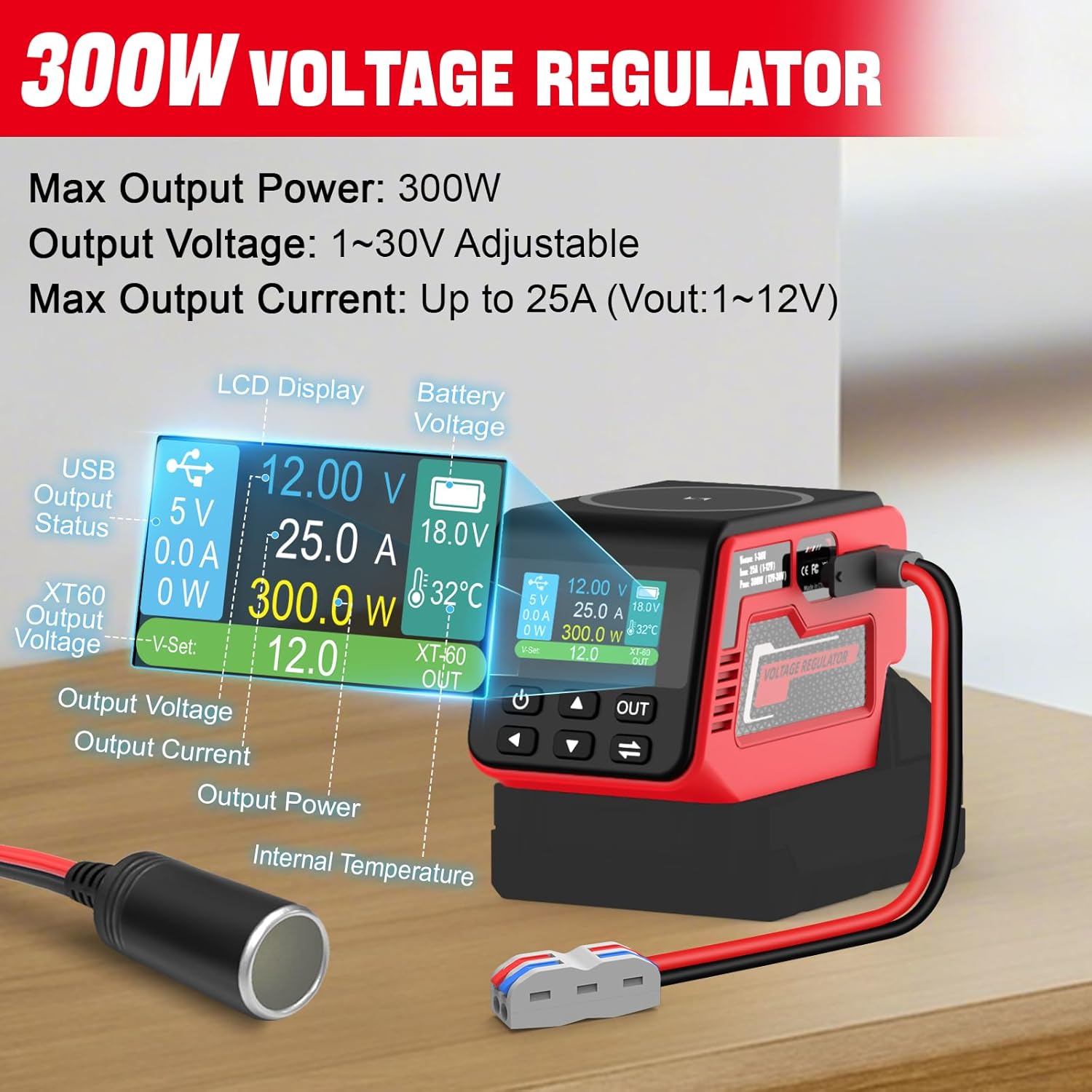 ミルウォーキー18Vバッテリーと互換性がある300W電圧レギュレータ(バッテリーは含まれていません)、1-30Vの調節可能なDC出力