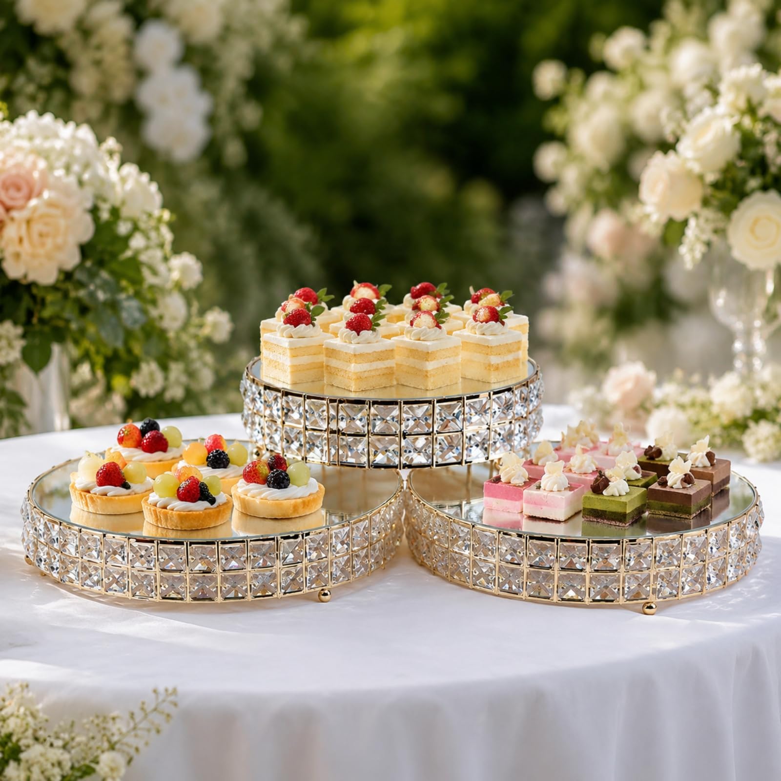 rockible 3 Stück kreisförmige -Dessertplatte rund kreisförmige -Servierplatte reflektierend platte mit facettiertem Rand für Hochzeiten, Gold