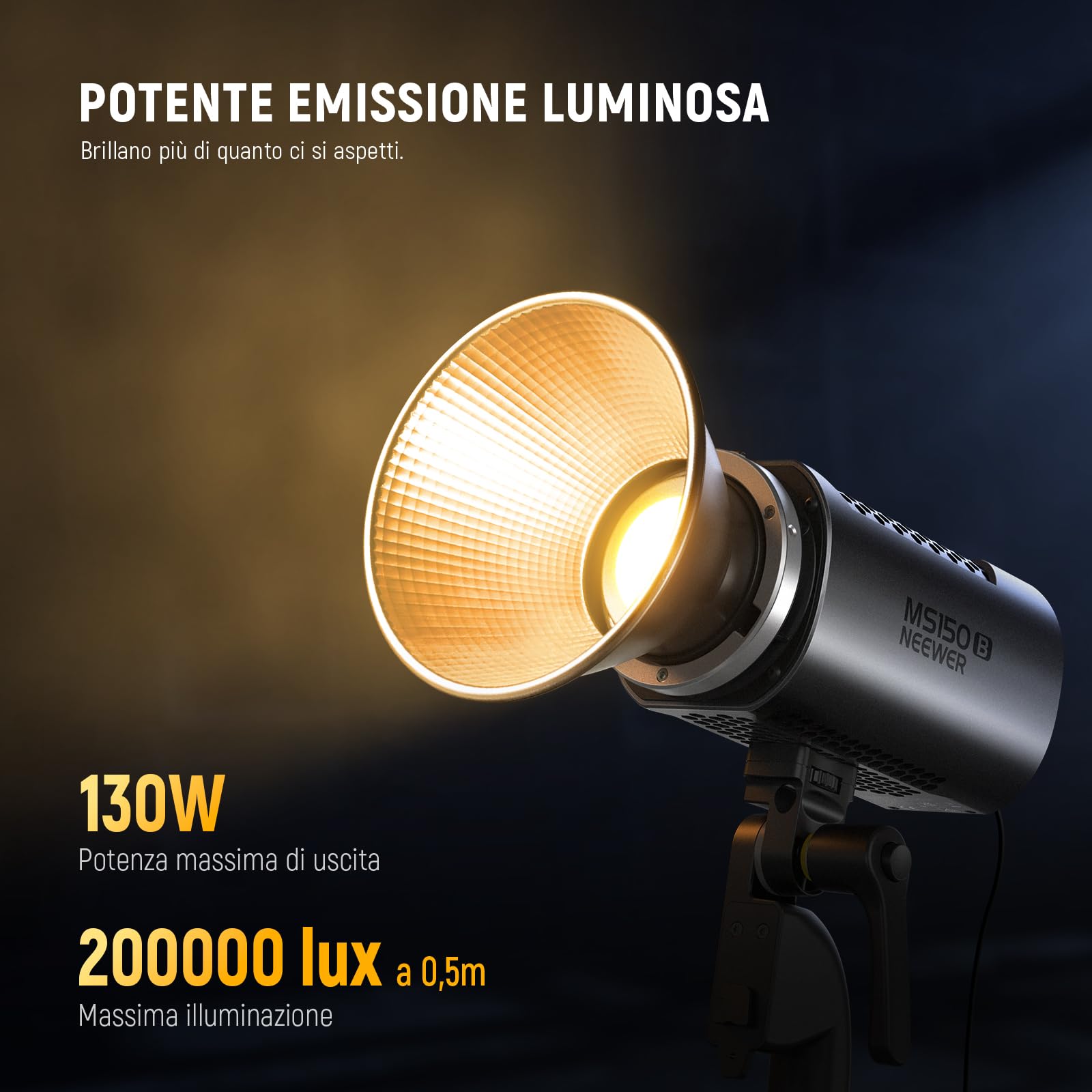 NEEWER MS150B 130 W Bi Color LED Video Light Mini COB Portatile Fotografia Illuminazione con Controllo App, 2,4 G Modus, Supporto Bowens, 20000 lux/0,5 m, 2700K-6500K, 2 opzioni di alimentazione spina