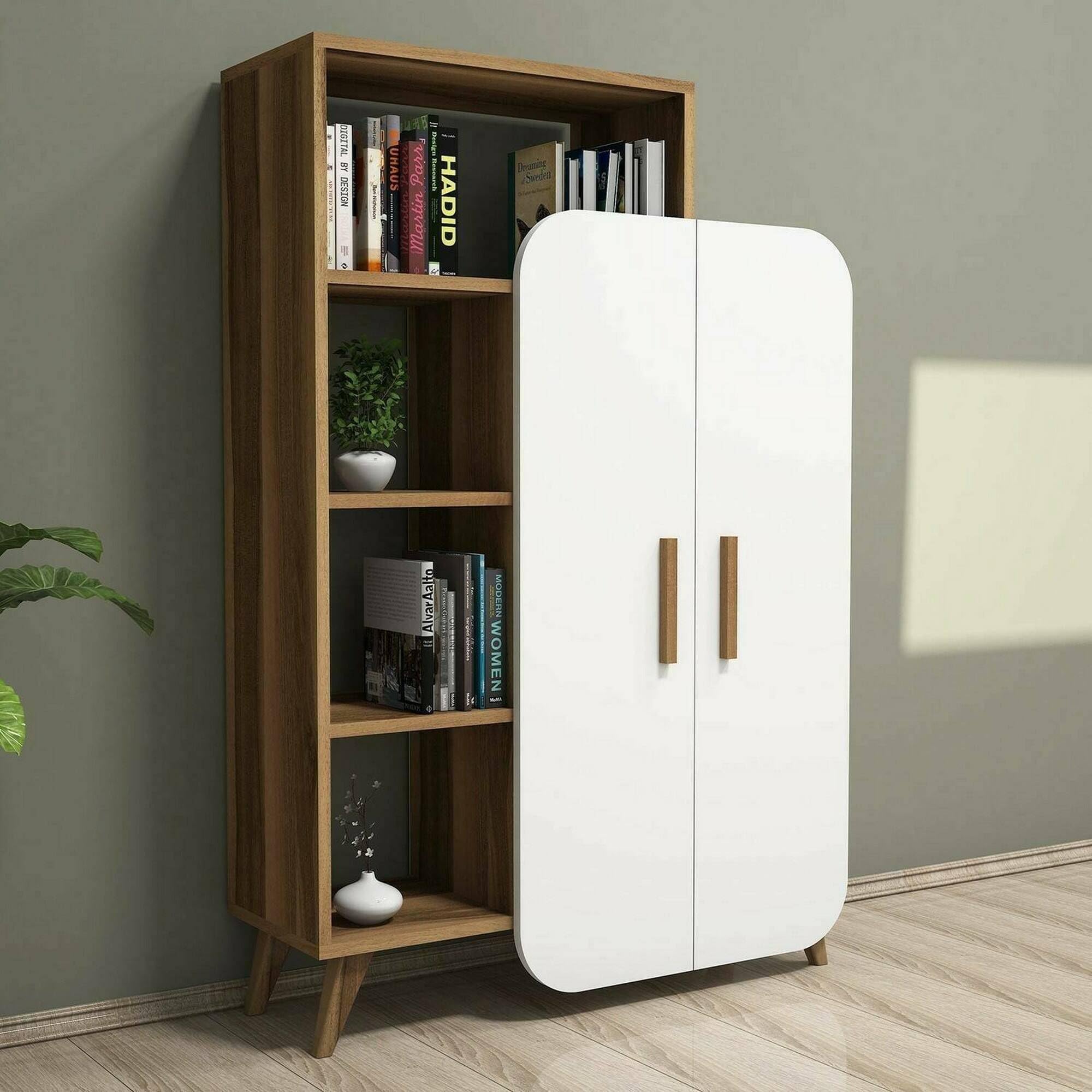 Dmora - Credenza Capella, Buffet da soggiorno, Madia da salotto, Dispensa da cucina, 90x32h132 cm, Noce e Bianco