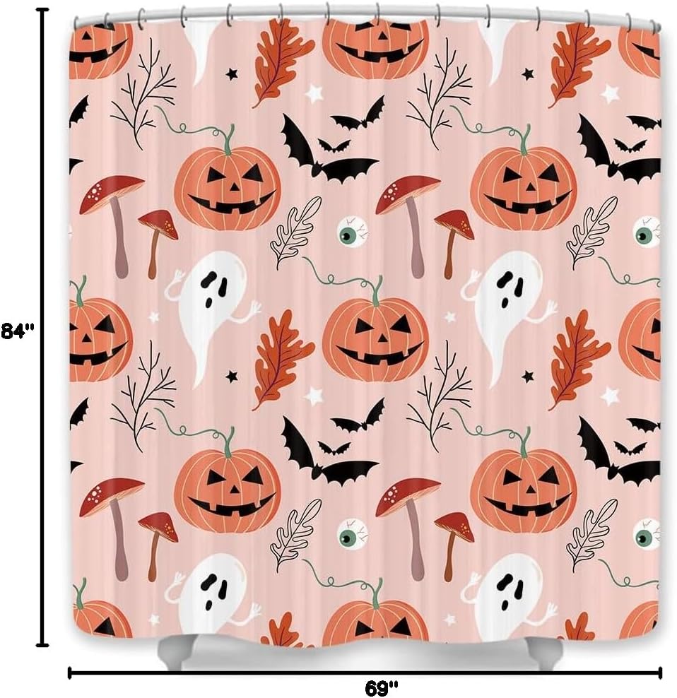 JAWO Halloween Theme Shower Curtain, Pink Cute Ghost Pumpkin Funny Mushroom Pattern Bathroom Curtains Waterproof Polyester Fabric Cloth Bath Curtain Sets 12 Hooks