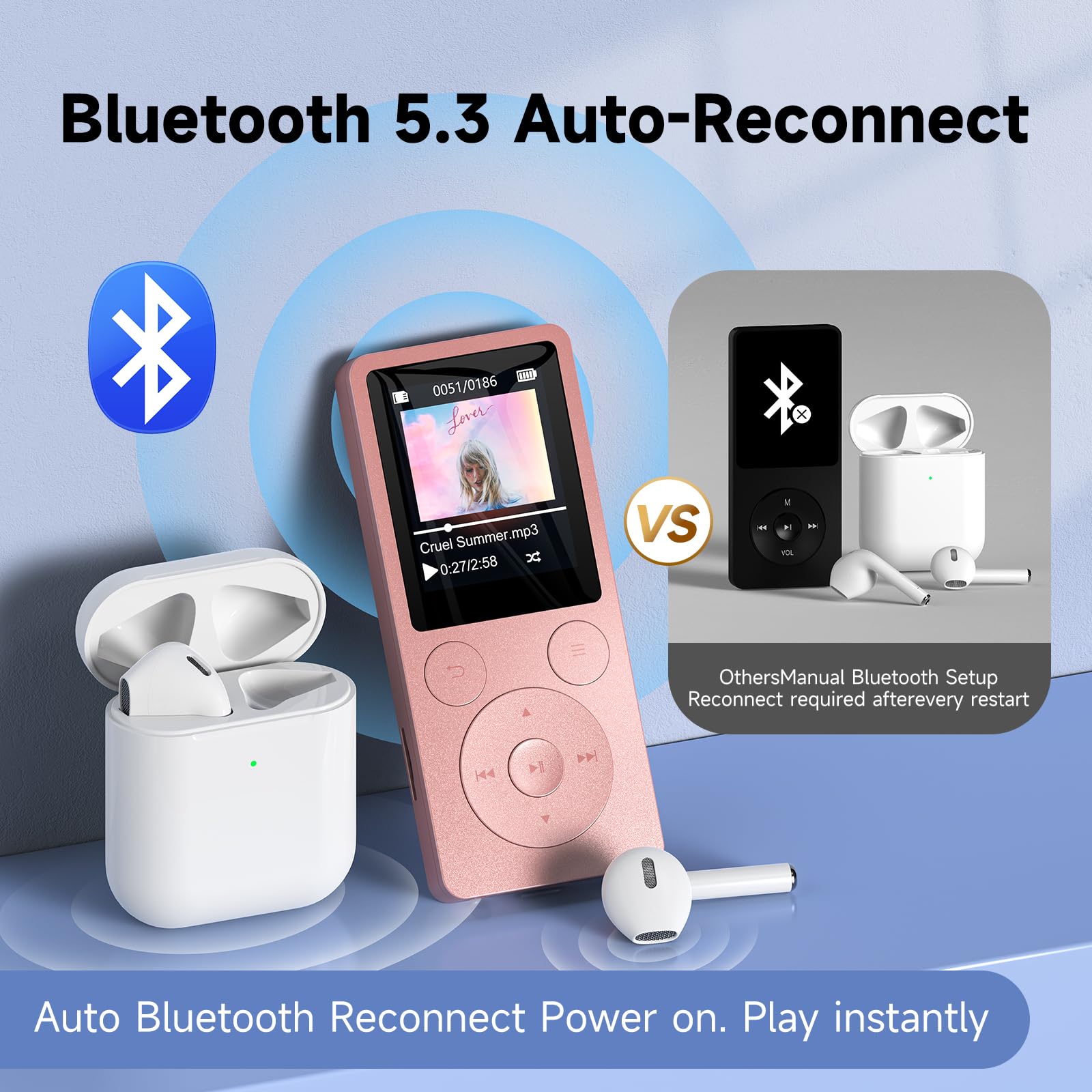 32GB Lettore MP3 Bluetooth 5.3 & Altoparlante – Aggiornamento con Tasti Fisici (Indietro, Menu, Volume), Solo 37g con Cuffie, Radio FM, Registratore Vocale, Design Mini, Espandibile fino a 128GB
