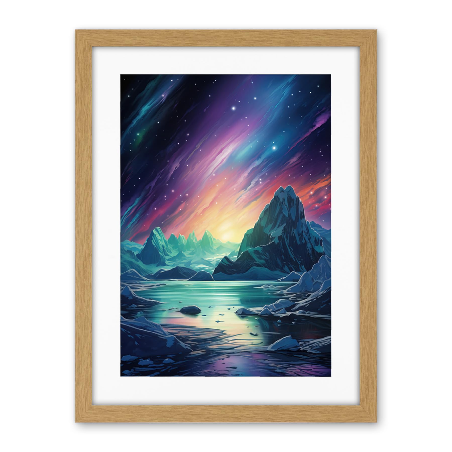 Artery8 Purple Aurora Borealis Dawn in Antarctica Oil Painting Blue Green Enchanting Arctic Ice Fantasy Landscape Artwork Framed Wall Art Print 18X24 Inch