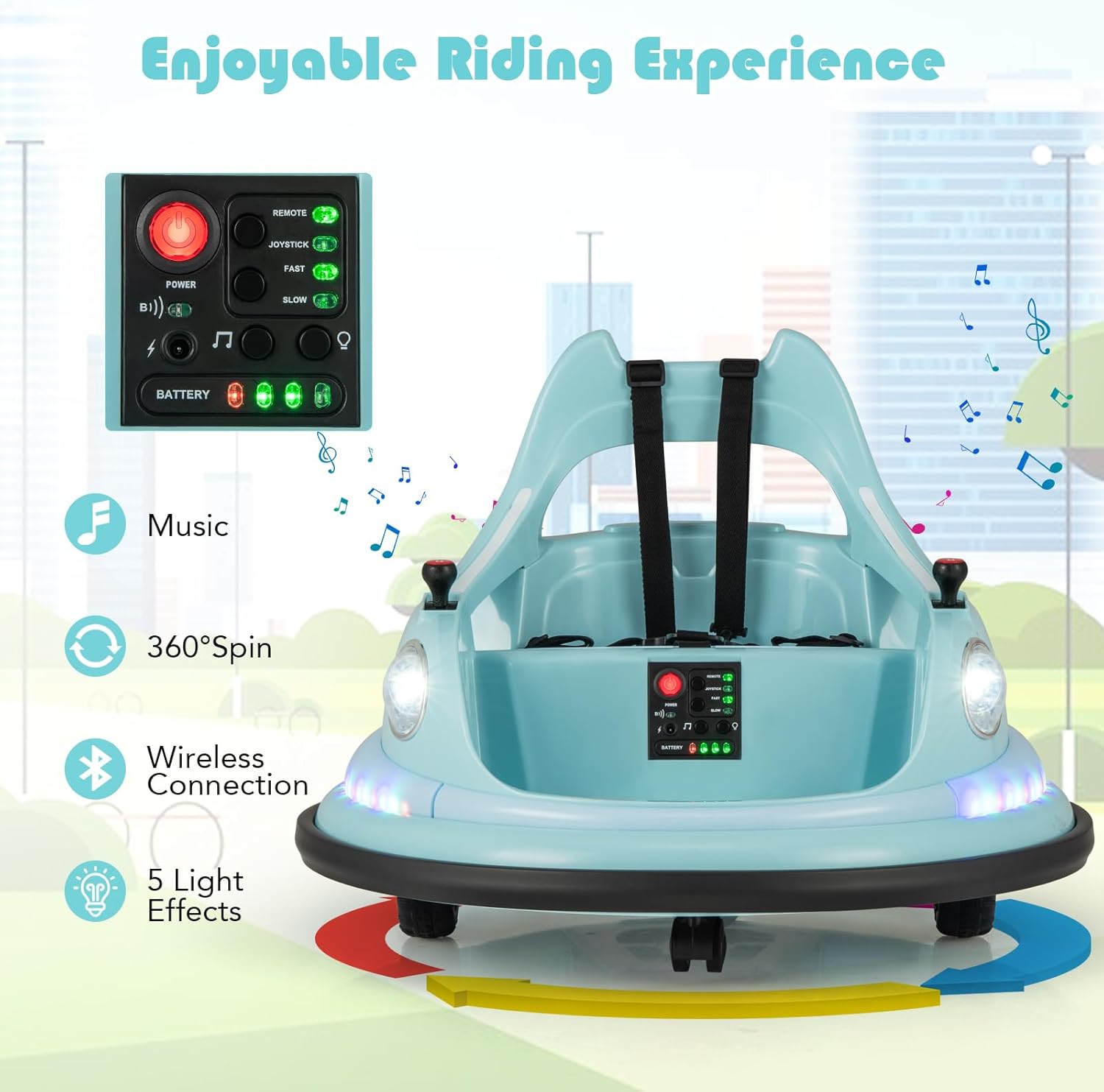 Costzon Bumper Car, 12V Electric Kids Ride on Bumping Car Toy W/Remote Control & Dual Joysticks, 360° Spin, Wireless Connection & 5 Light Effects & Music, Soft Bumper Cars for Toddlers, Gift (Blue)