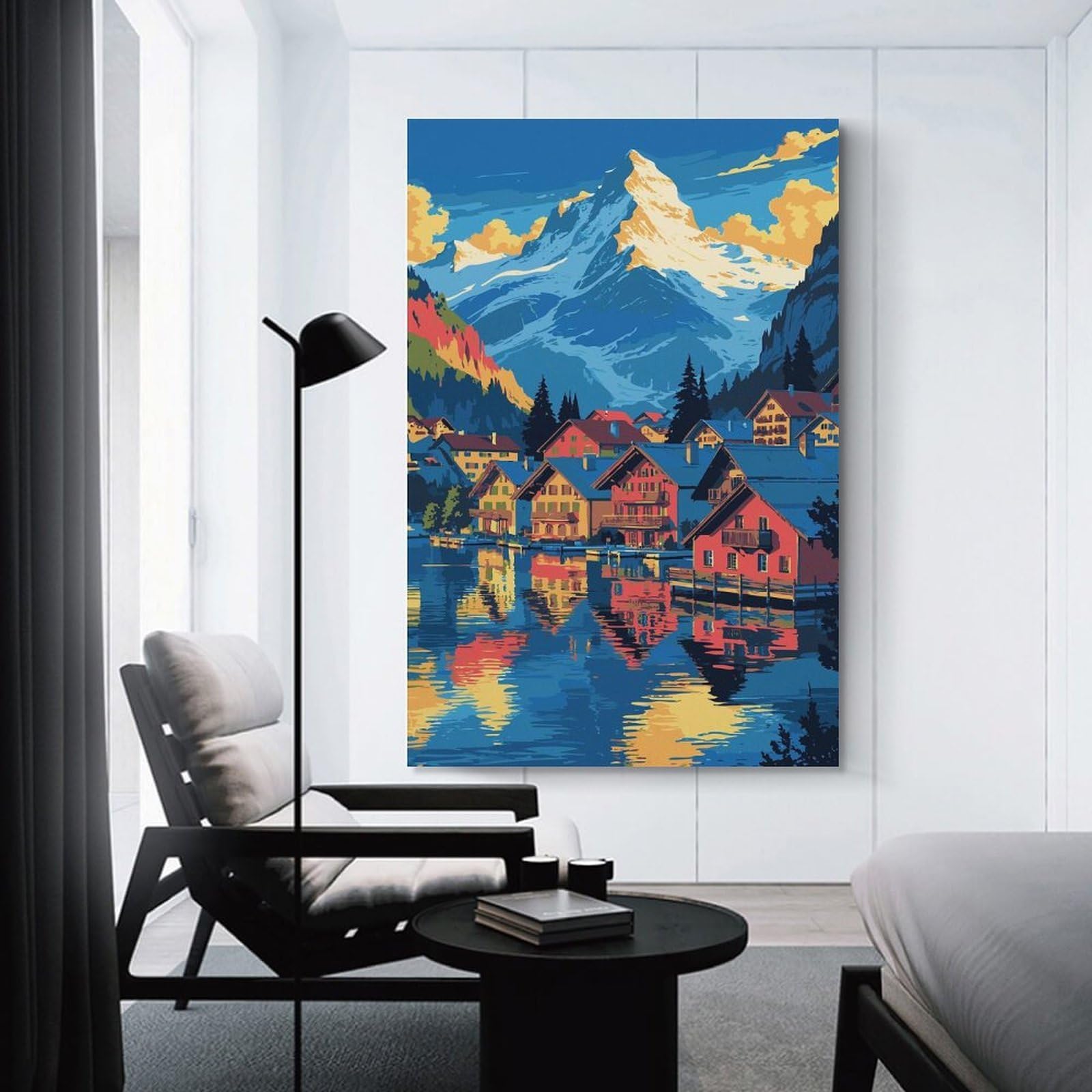 Junmoney Mountain Village Lake Reflection Art Room Decor Wall Art 20x30inch(50x75cm), for Entrance Spaces, Stair Walls Or Halls, A Neat Decor Update for Hallways