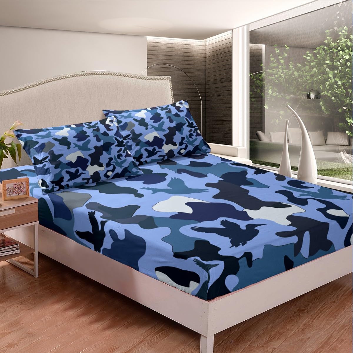 Erosebridal Camo Flat Fitted Sheet King Size Duck Hunter Sheet Set for Kids Boys Men Army Camouflage Hunting Sheets Vintage Blue Black Room Decor Wild Animal Duck Rustic Bed Sheets Set