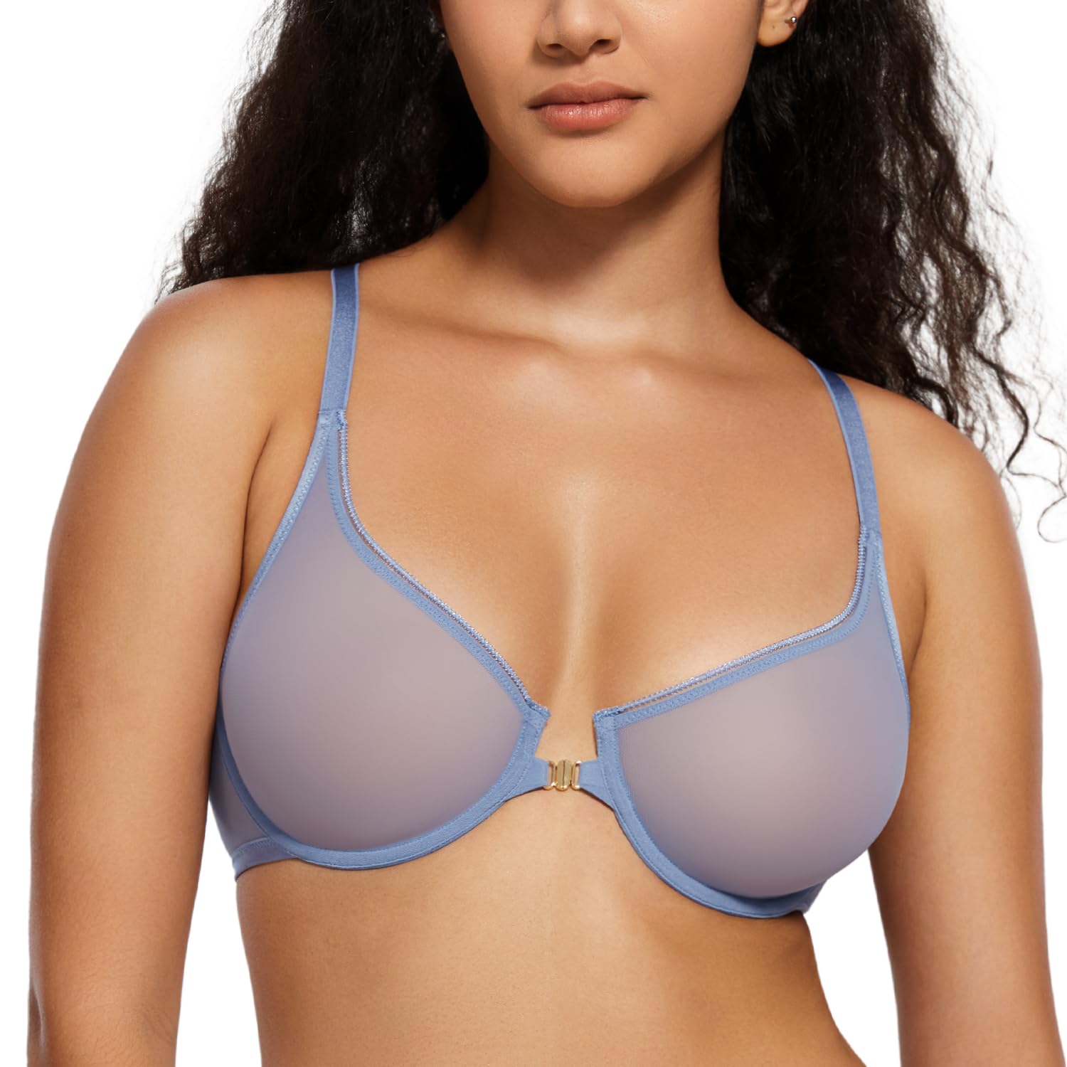 Damen Vorderverschluss BH mit Bügel Durchsichtiger Sexy Büstenhalter Ungefüttert Spitze Mesh Transparent BH
