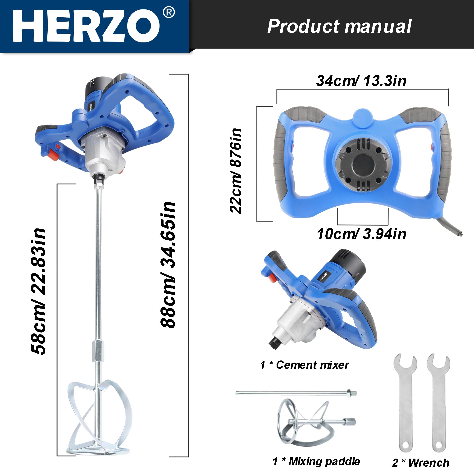HERZO Mörtelrührer 1300W mit M14 Rührstab, 2-Gang-Einstellung & variabler Drehzahl – Elektrisches Rührwerk für Beton, Zement, Mörtel, Farbe & Putz