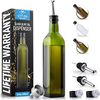 Zulay Kitchen 17oz Green Glass Olive Oil Dispenser Bottle - Leak-Proof Spouts, Funnel, Corks for Precise Pouring & Fresh Storage