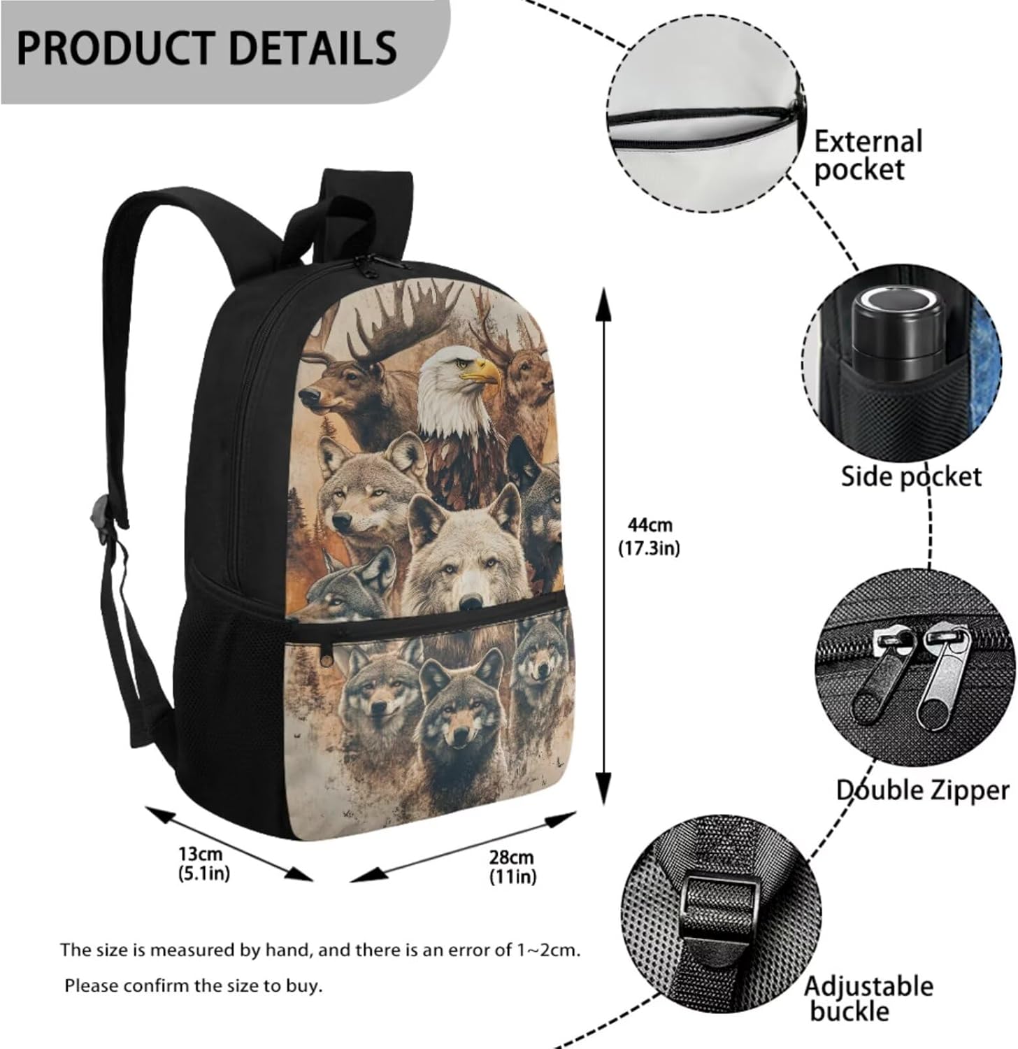 Grunge Eagle Wolf Elk Deer Print Kids Backpack Set of 3, Schoolbag with Lunch Bag Pencil Case for Elementary Student 17 inch School Bookbag for Boys Girls Rucksack Daypack