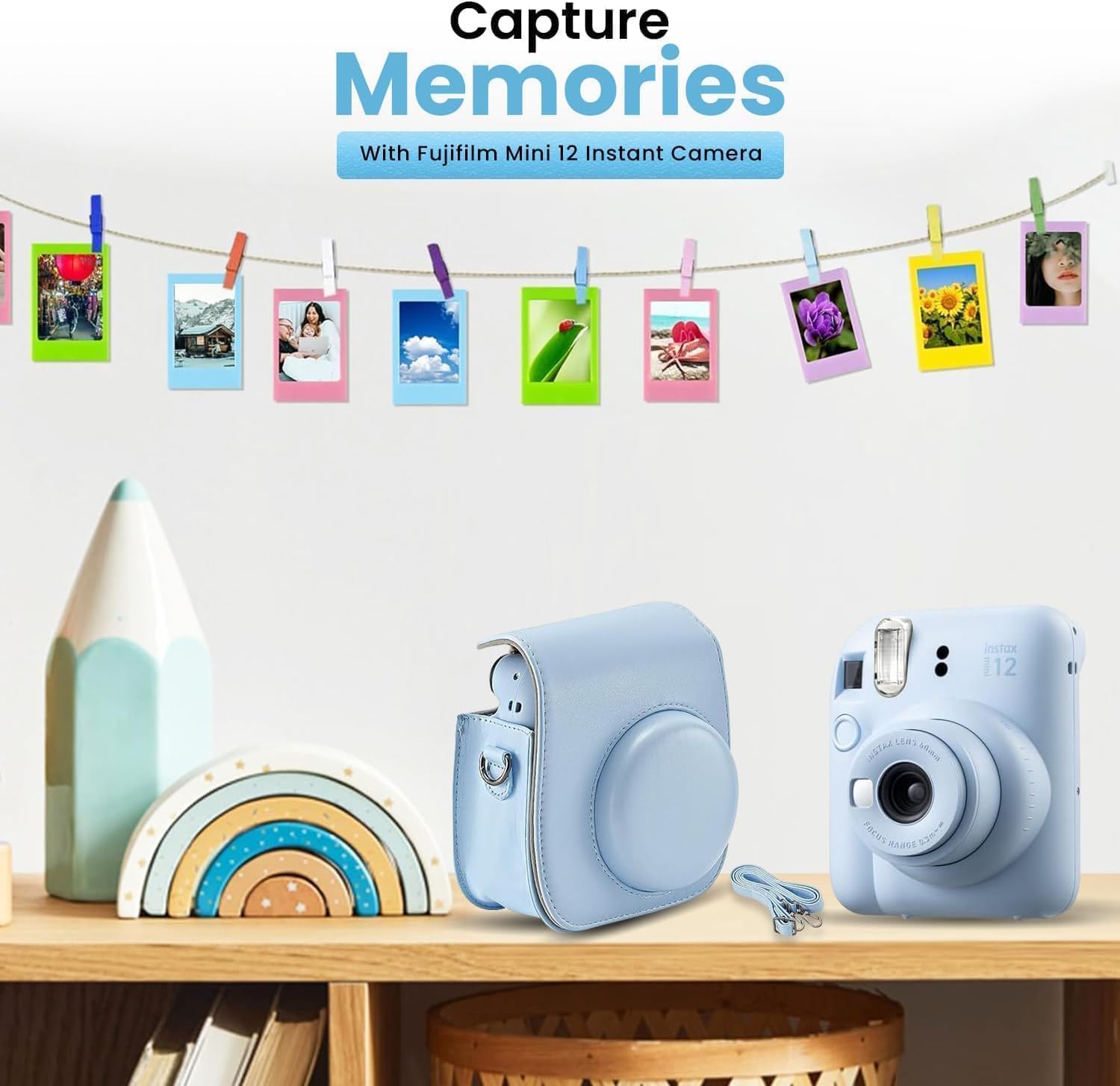 FUJIFILM INSTAX Mini 12 Holiday Bundle 2025 | with Extra Instax Mini Film + 4 Pk AA Batteries & Sunshine Photo Microfiber Cleaning Cloth (10 Items) (60 Sheets, Pastel Blue)