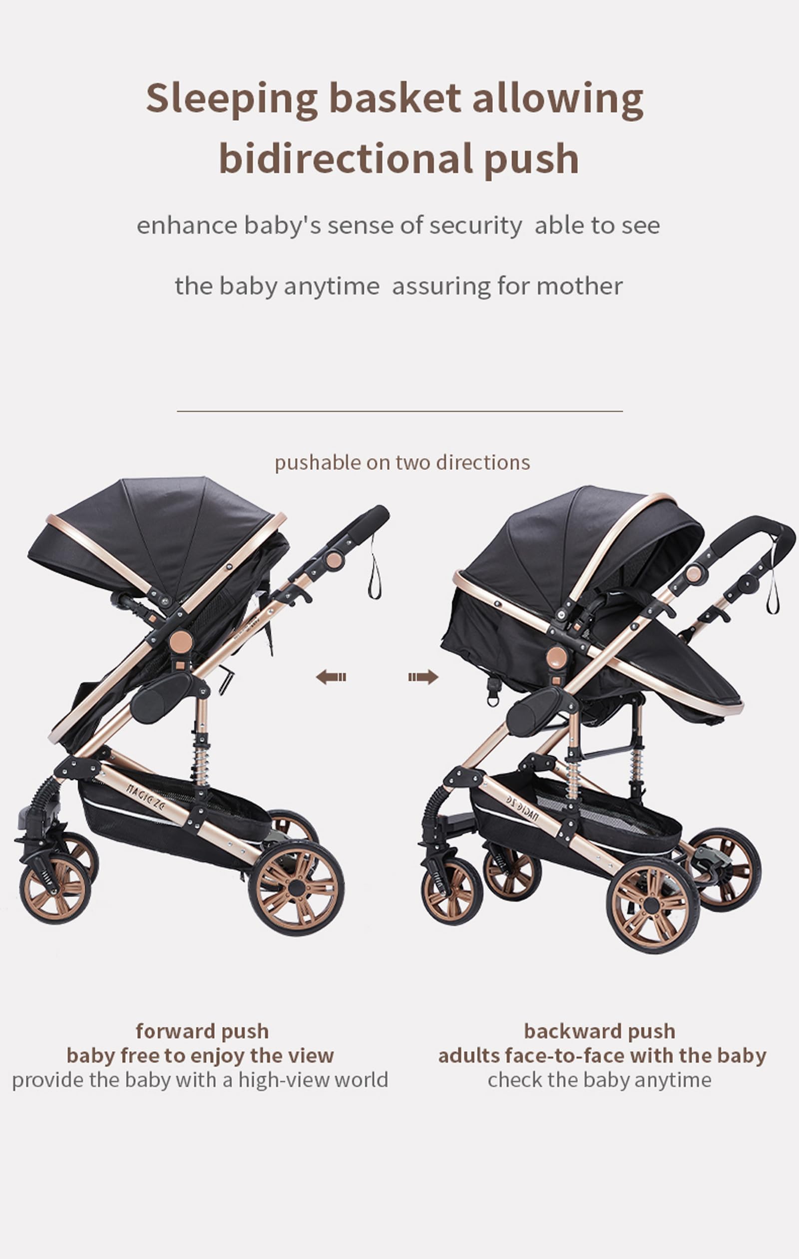 Magic ZC Kinderwagen 3 in 1 Kombikinderwagen Komplettset mit Umkehrbarem Schub Buggy Faltbarem One-Click-Design Beige